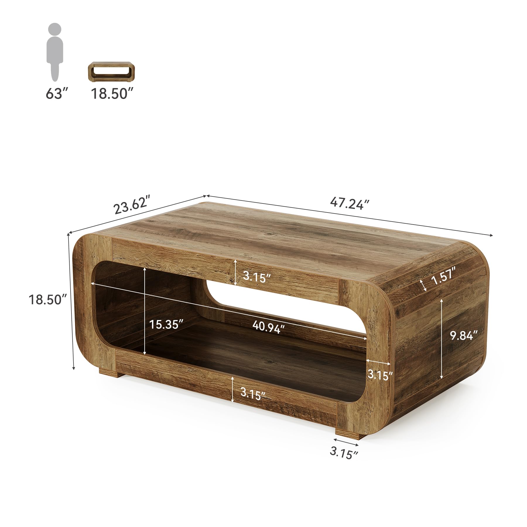 Tribesigns Couchtisch 120 cm mit offenem Stauraum, Rechteckiger Holz Wohnzimmertisch, Sofatisch mit 2 Ablagen, Kleiner Beistelltisch für Homeoffice, Wohnzimmer, Rustikal Braun