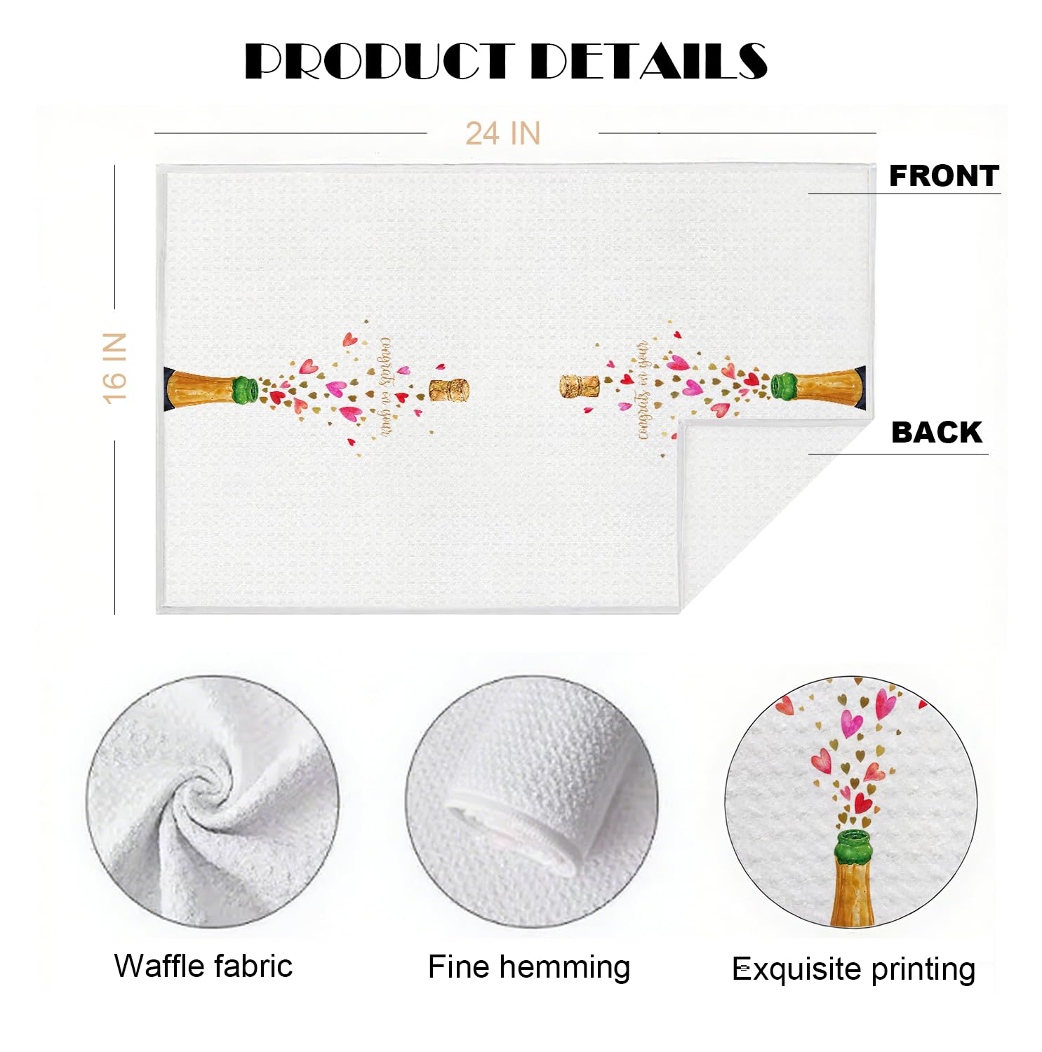 Celebratory Champagne Waffle Towels - 16x24 Inch Champagne Hearts ‘Congrats on Your’ Gift Hand TowelsTowels Ready Celebration Decor/Gift/Party