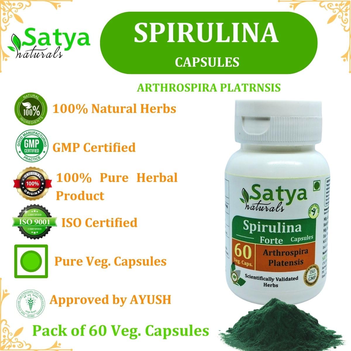 Spirulina Superfood (Arthrospira Platensis) Capsules | 100% Natural & High Potency | 500 mg. | Boost Immunity & Energy | Pack of 60 Veg Capsules — Amazon image 4