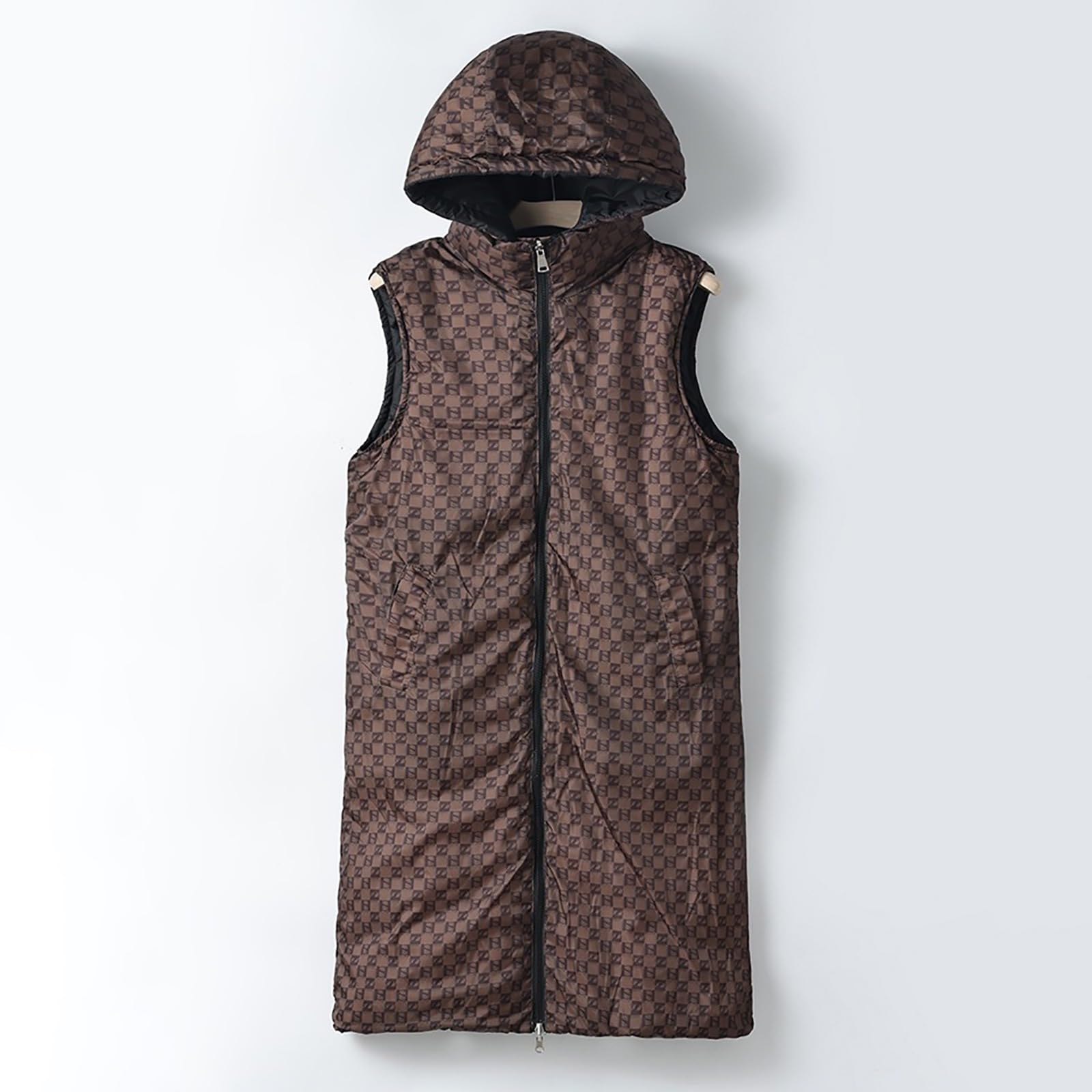 acolchado largo para mujer con cordón en la cintura, chaqueta sin mangas con capucha para un invierno cálido y elegante.