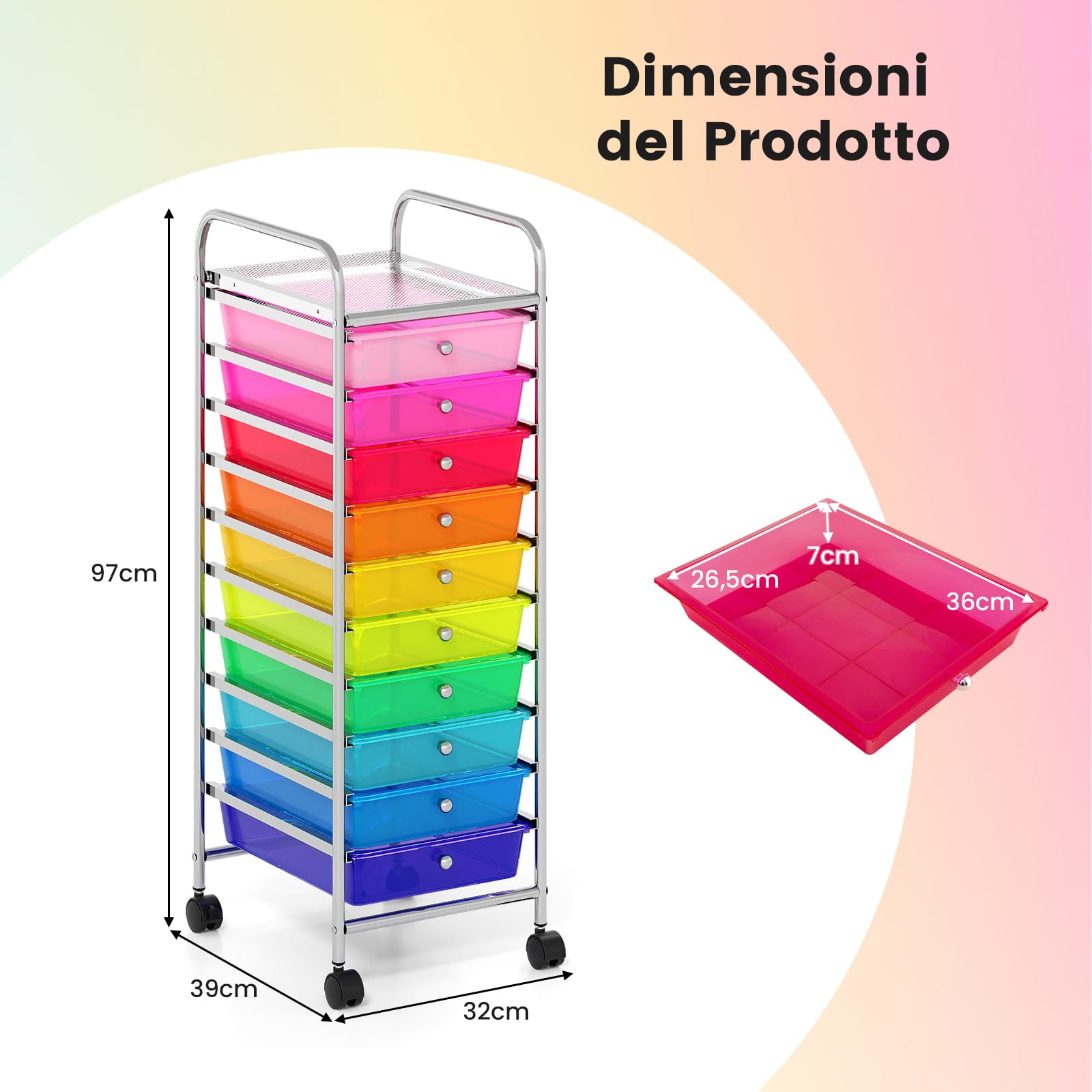 COSTWAY Carrello Portaoggetti con 10 Cassetti, Cassettiera con Ruote, Struttura in Metallo, Ruote Universali Bloccabili e Maniglia, Carrello Organizer per Casa, Ufficio (39 x 32 x 97 cm)