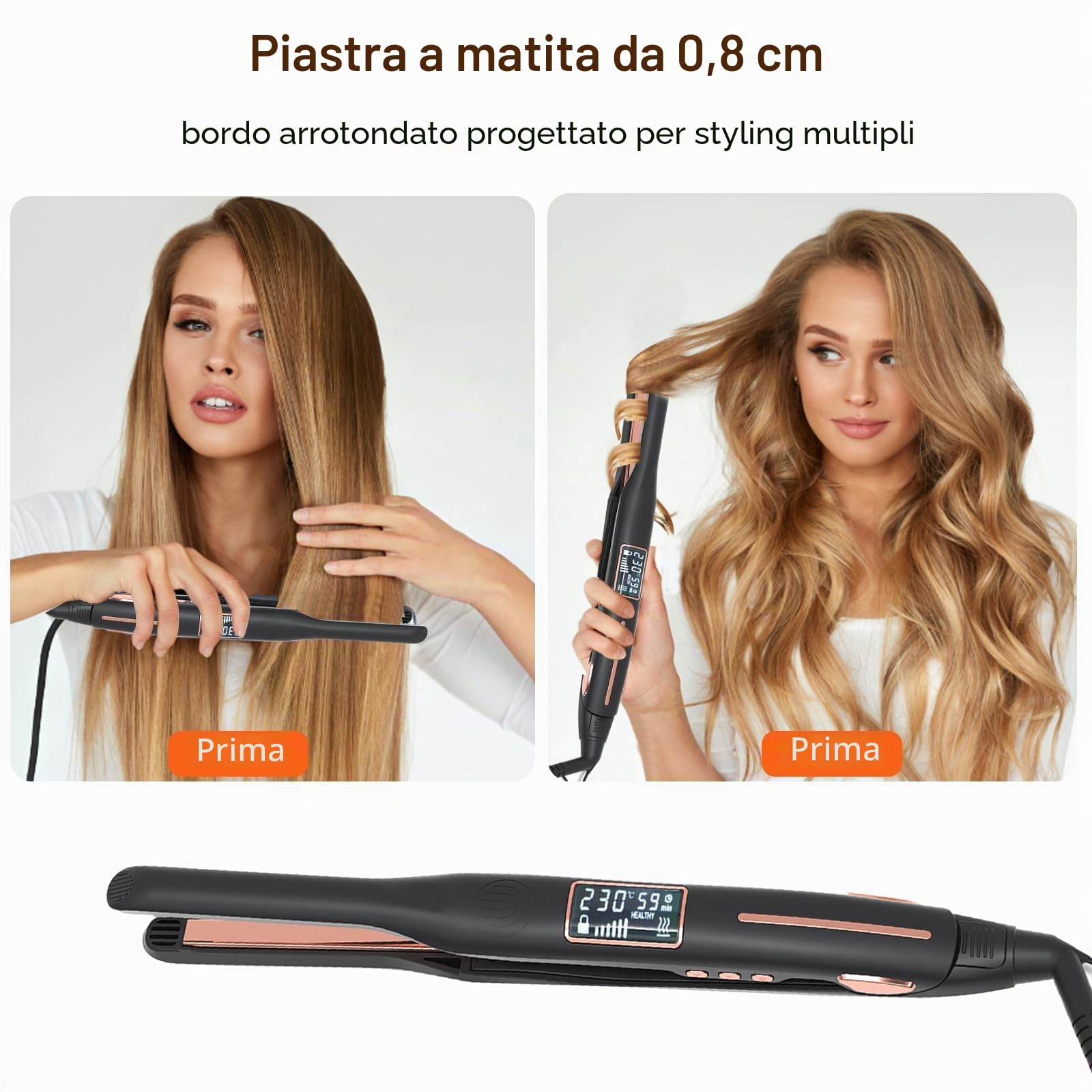 Mini piastra lisciante professionale per capelli corti, barba e frangia, arricciatura e lisciatura, riscaldamento rapido 15S, 80-230°C, display LCD, 10 mm