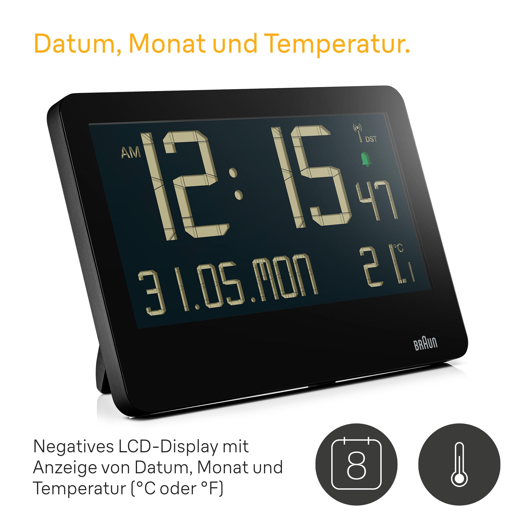 Braun Digitale Wanduhr mit Innentemperatur, Datum, Wochentag, großem umgekehrtem LCD-Display, Schnelleinstellung, Piepton-Alarm in Schwarz, Modell BC14B.