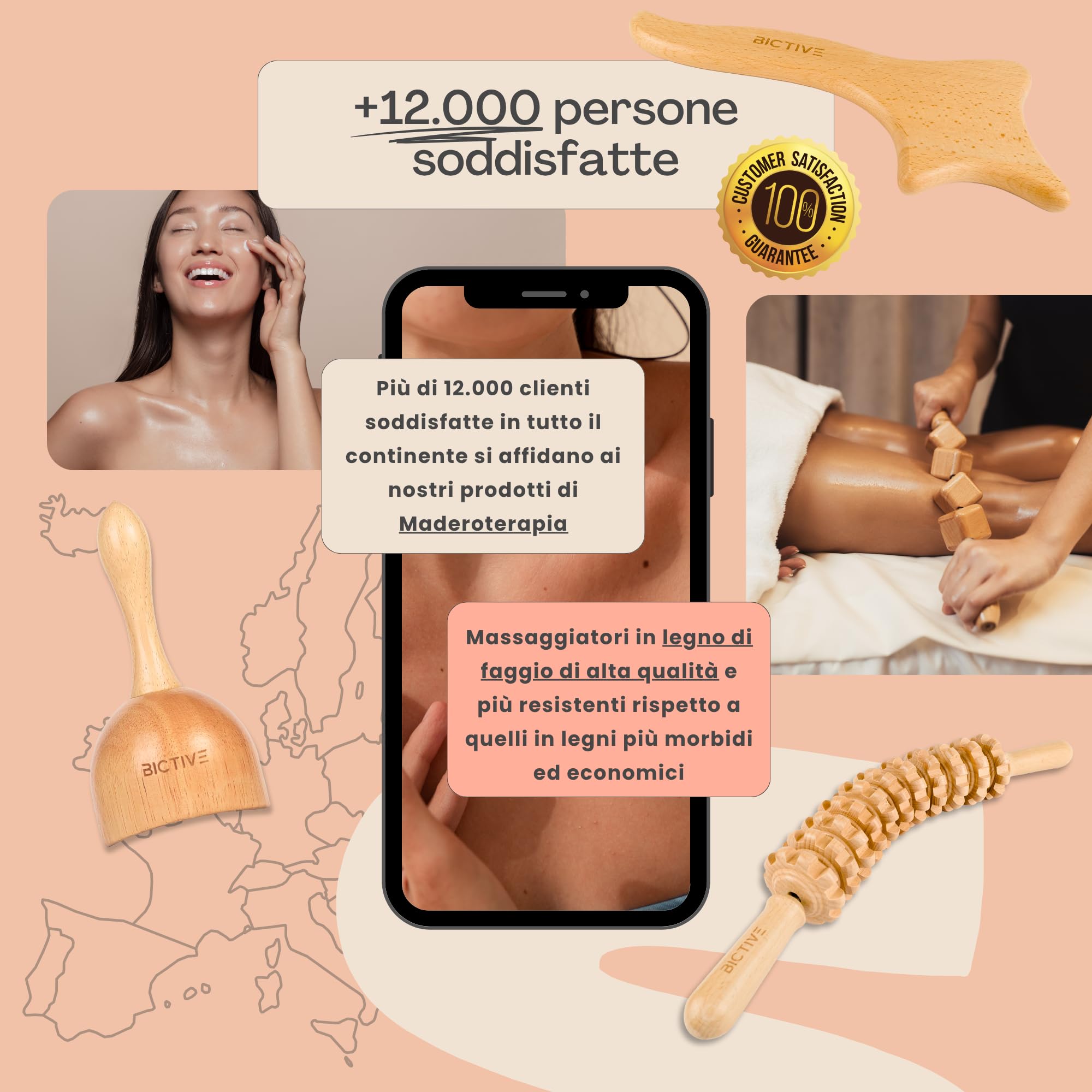 Kit Maderoterapia Legno 4 in 1. Massaggiatore Cellulite e Linfodrenaggio Gambe. Massaggio Anticellulite per il Corpo e le Gambe. Rullo Massaggiatore Linfodrenante in Legno di Faggio.