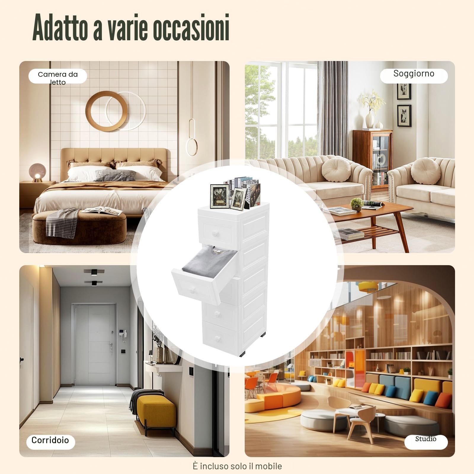 Mobiletto con 5 cassetti in plastica con ruote - Torre portaoggetti con cassetti - Per bagno, aula, studio, soggiorno - Bianco