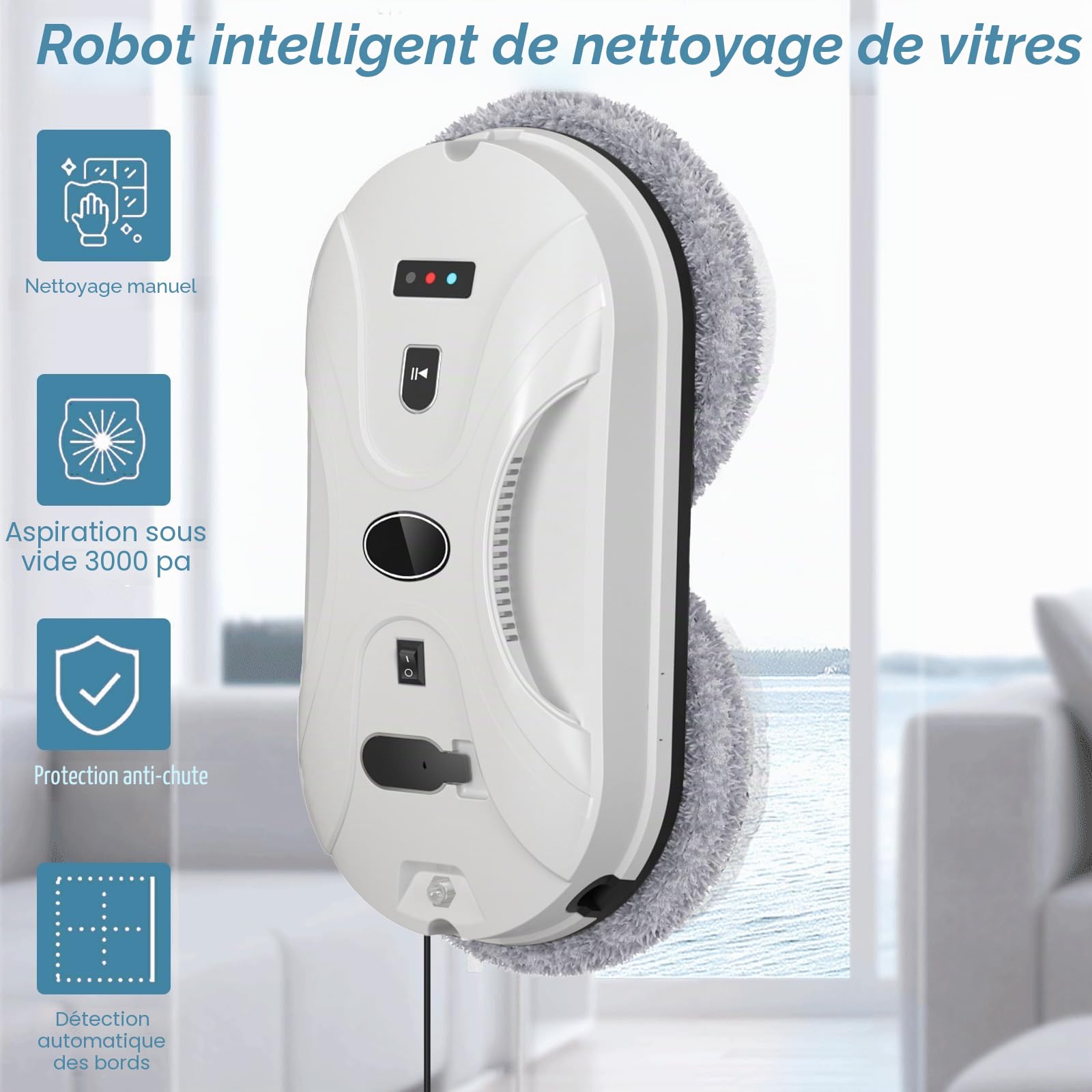 Robot lave-vitres, 5600 Pa, nettoyeur de vitres automatique avec télécommande et 10 chiffons, robot lave-vitres, aspirateur électrique pour vitres intérieures et extérieures, verre et carrelage