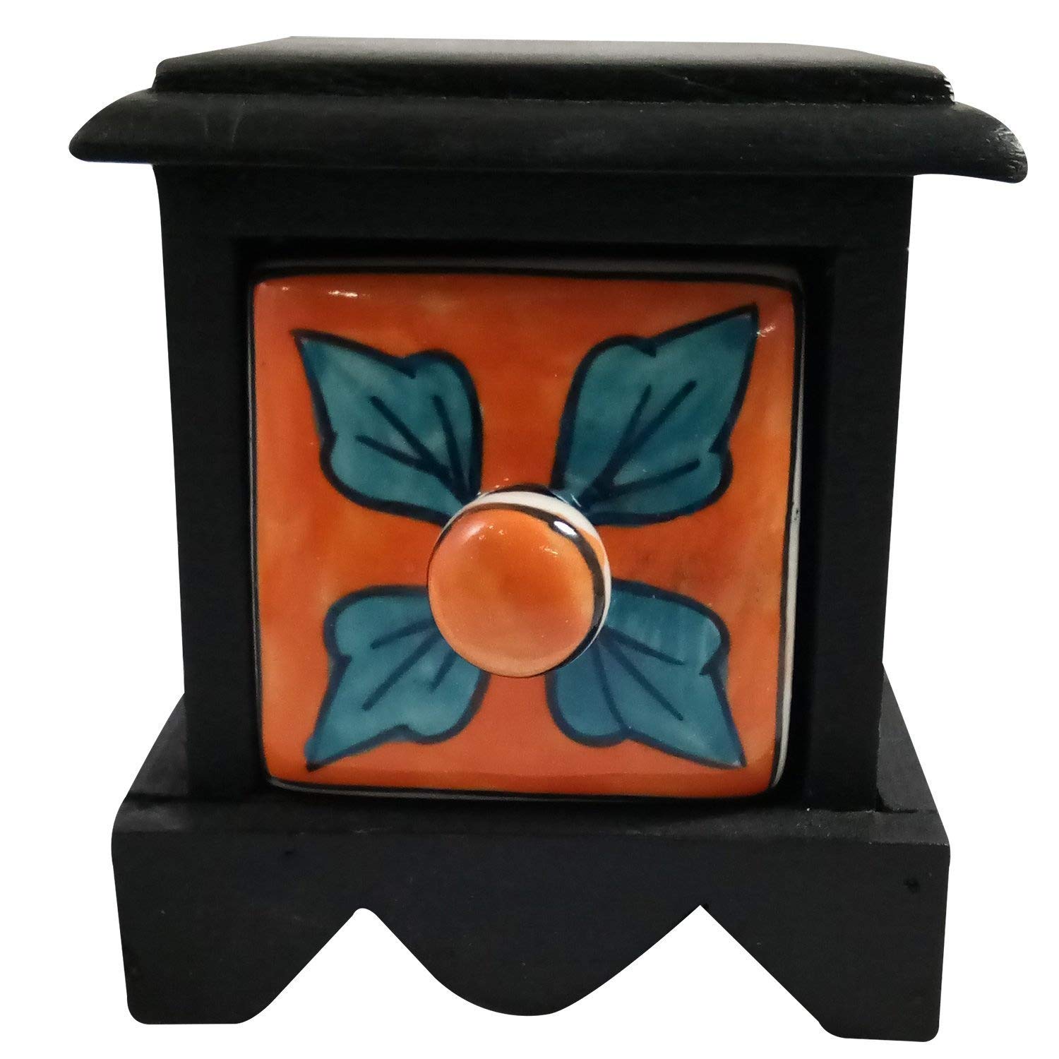 India Meets India Handmade Crafted Wooden and Ceramic Small Chest of 1 Decorated Drawer Jewellery Organizer, Chest Drawer Handicraft