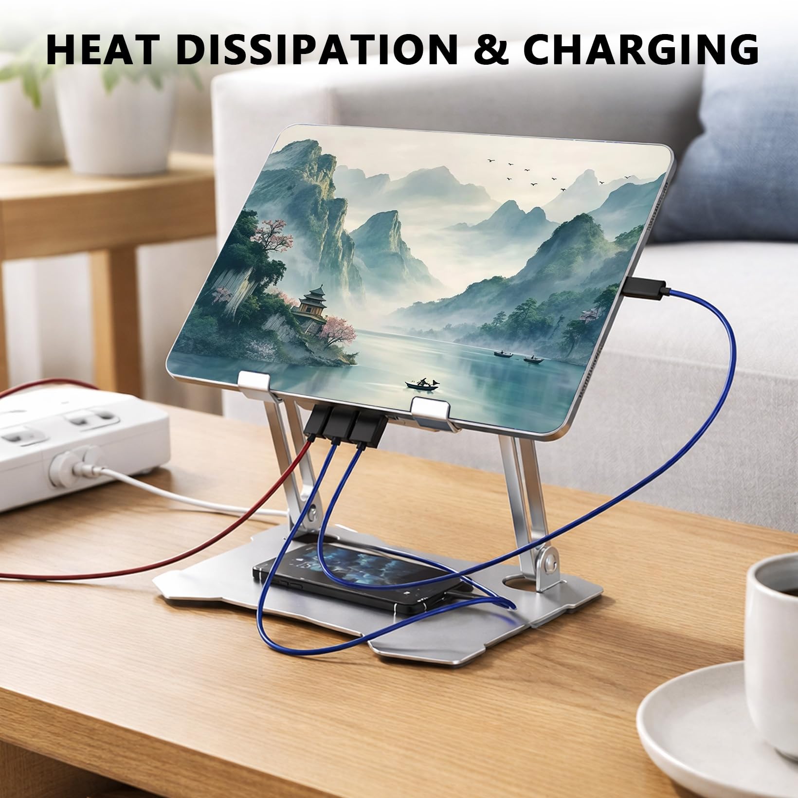 Laptop Ständer mit Kühlventilatoren, Tablet-Kühler mit Halterung Ausgestattet 4 Lüfter, Höhenverstellbar, Faltbar Aluminium Laptop Kühler für Mobiltelefone, Tablets und kleine Laptops, 8KG Tragkraft