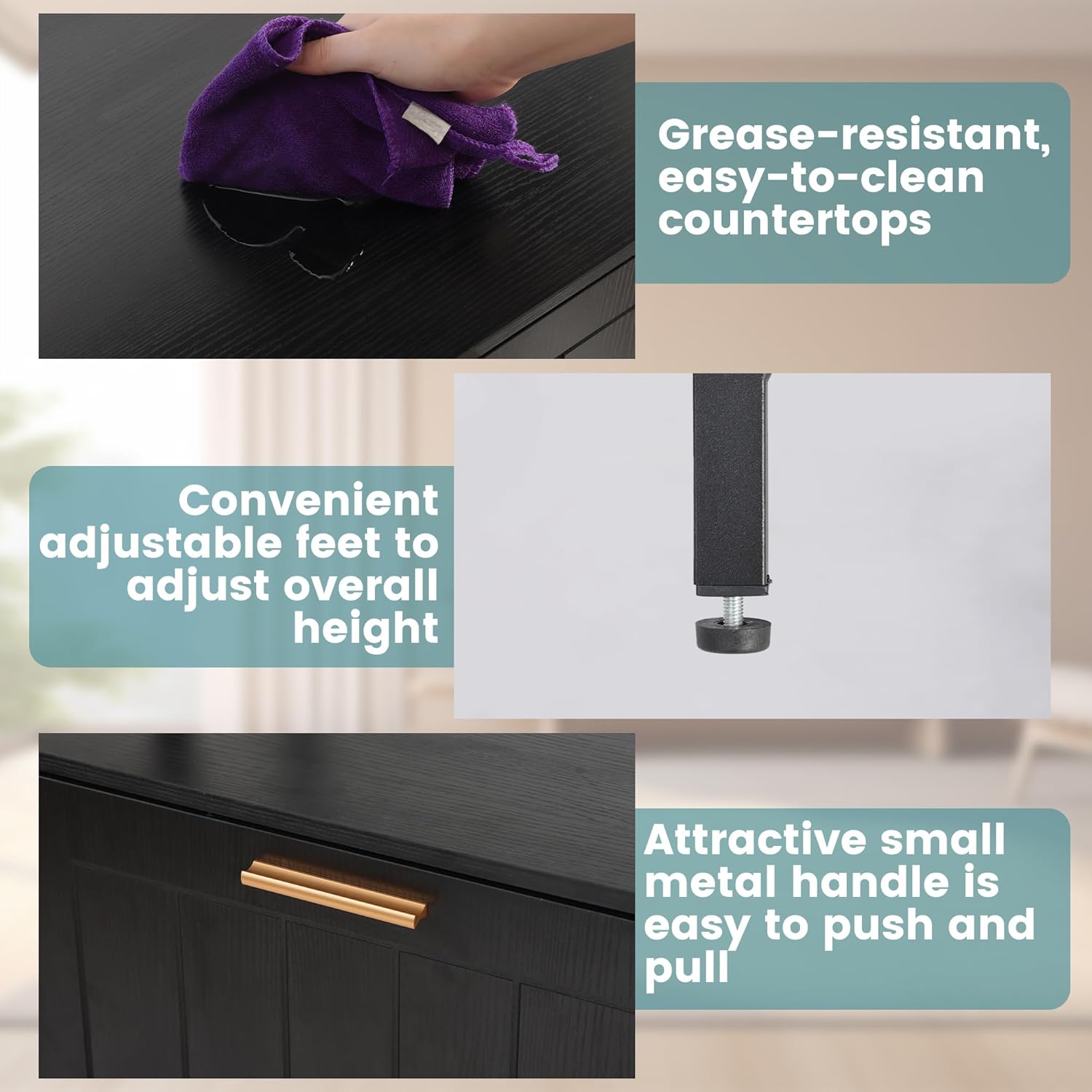 MAGIC UNION Kitchen Baker's Rack with Trash Can Bin Cabinet, 6-Tiers Microwave Stand with Power Outlet & 6 Hooks Storage Shelf Kitchen Organization, Farmhouse Coffee Bar Cabinet Bakers Rack (Black)