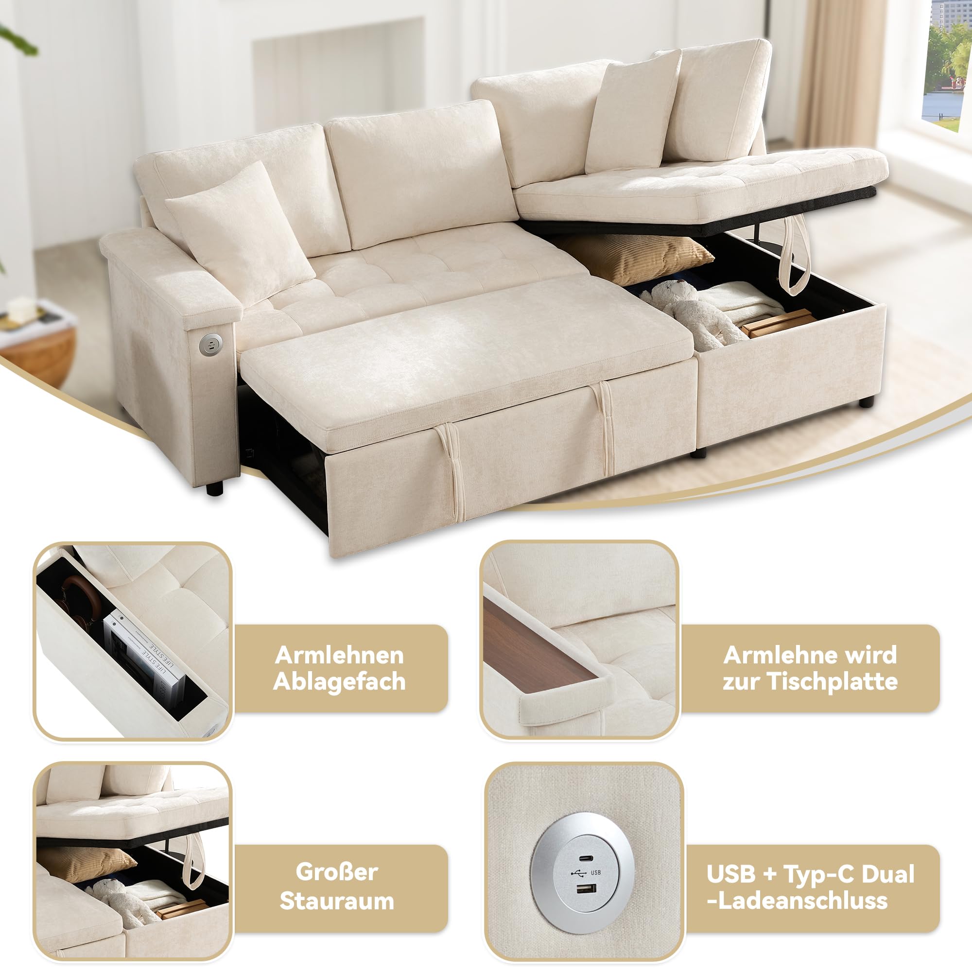 Couch mit Schlaffunktion, 3 Sitzer Ecksofa mit Schlaffunktion Überzug L Form Schlafsofa und 2 Kissen, Beige, L209 x B130 x H84 cm