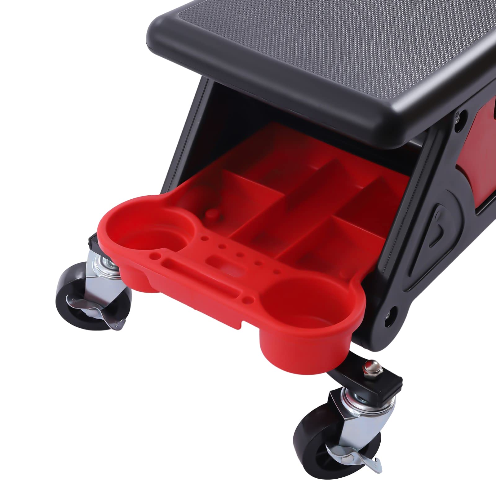 Taburete de taller, ruedas giratorias, silla con ruedas, taburete de construcción con estanterías, para trabajos de bricolaje, reparaciones mecánicas, reparaciones de automóviles, detalles de