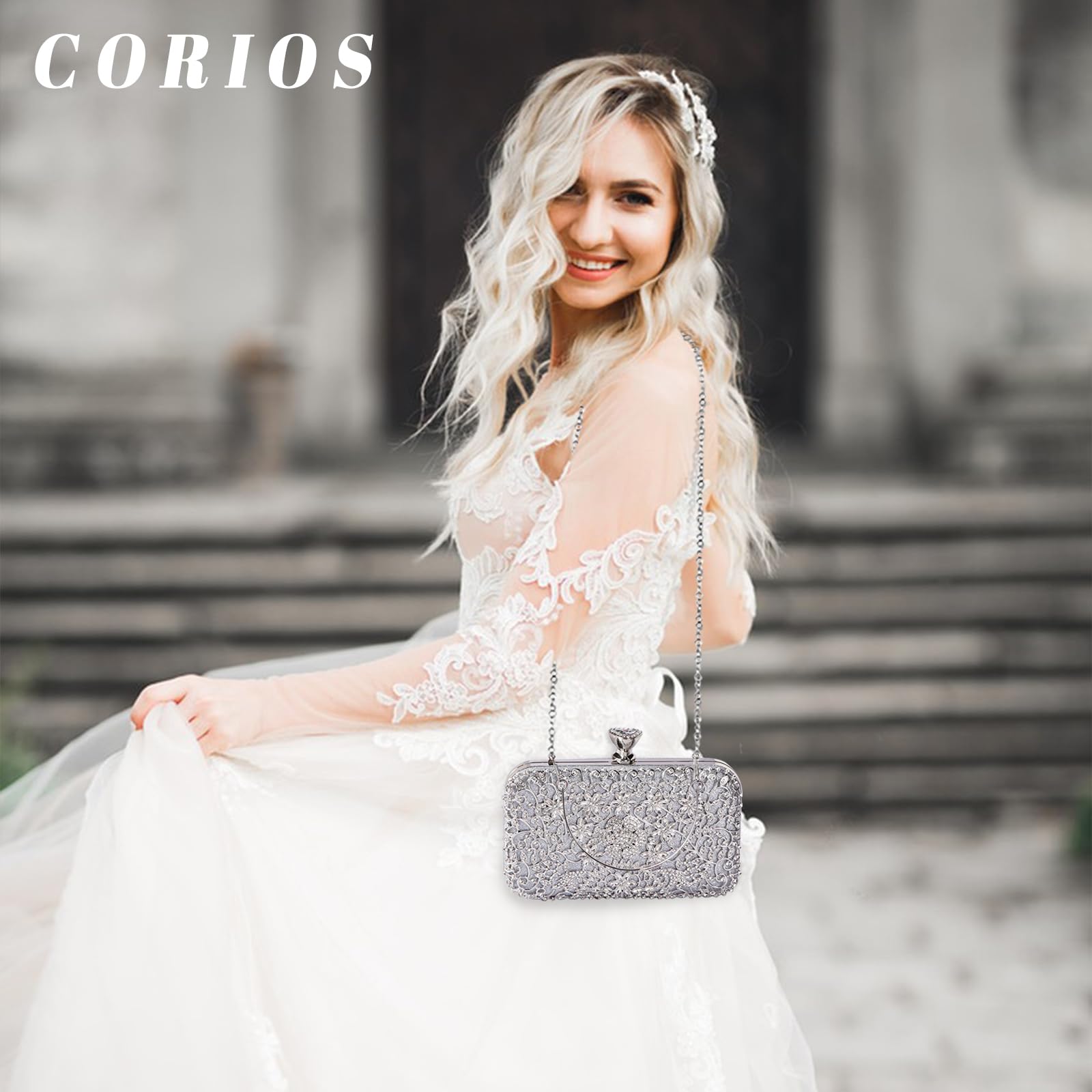 CORIOS Bolsa de Noche para Mujer Diamantes de Imitación Clutch Bolso de Fiesta Pequeña Bolso de Boda Bolsos Bandolera con Cadena Elegante Bolso de Hombro para Fiesta Banquete Boda Plata