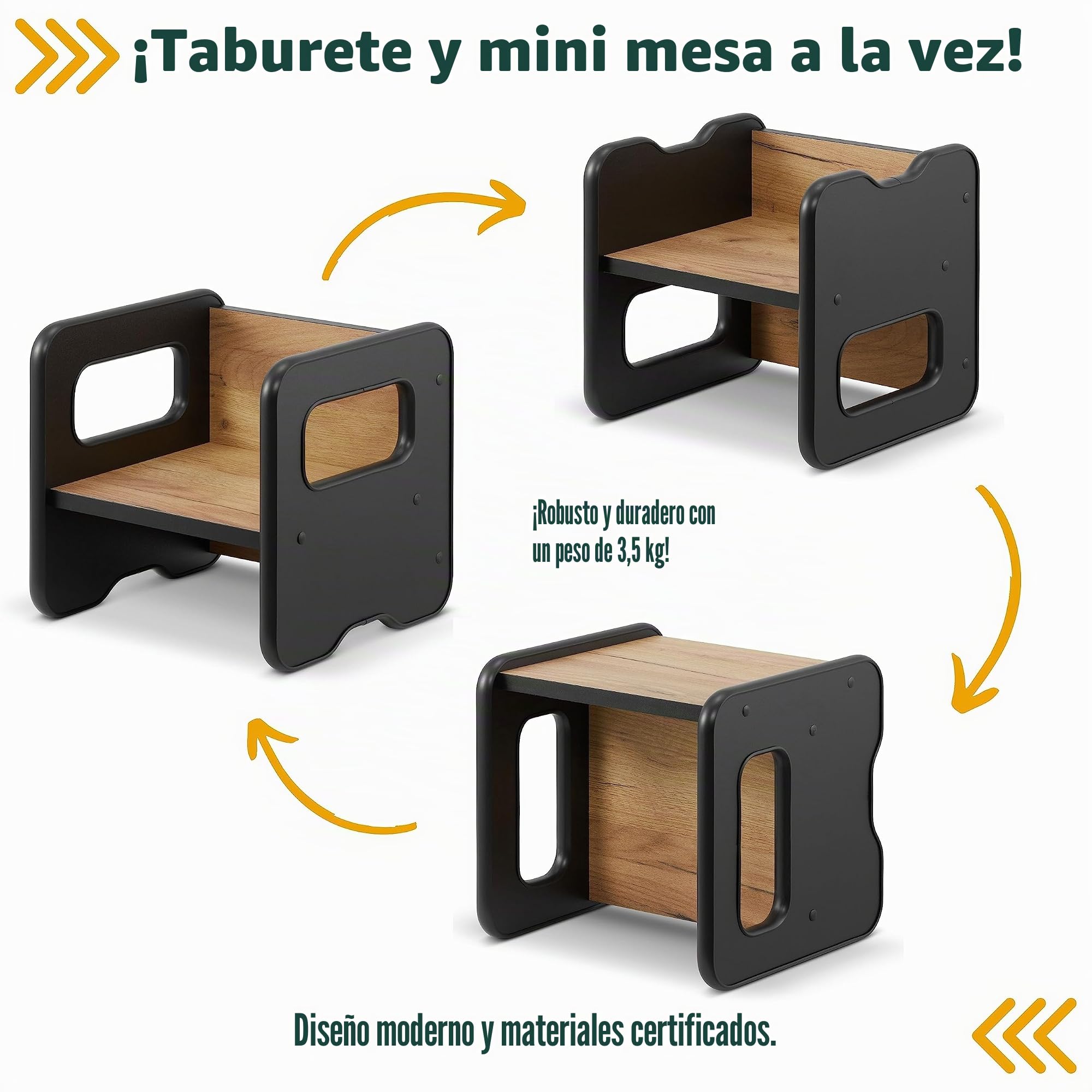 Taburete infantil de madera doble cara convertible en mesa - Negro y Roble