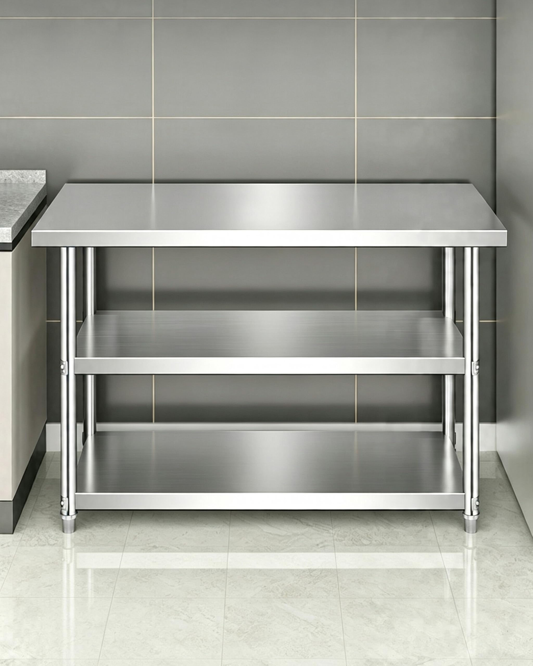 Tavolo da Esterno in Acciaio Inox A 3 Ripiani con Vano Portaoggetti, H 90 Cm, Tavolo da Grigliata Esterno Banco da Cucina Acciaio per Ristoranti, Uso Domestico, Esterni E Hotel,120x60x90cm