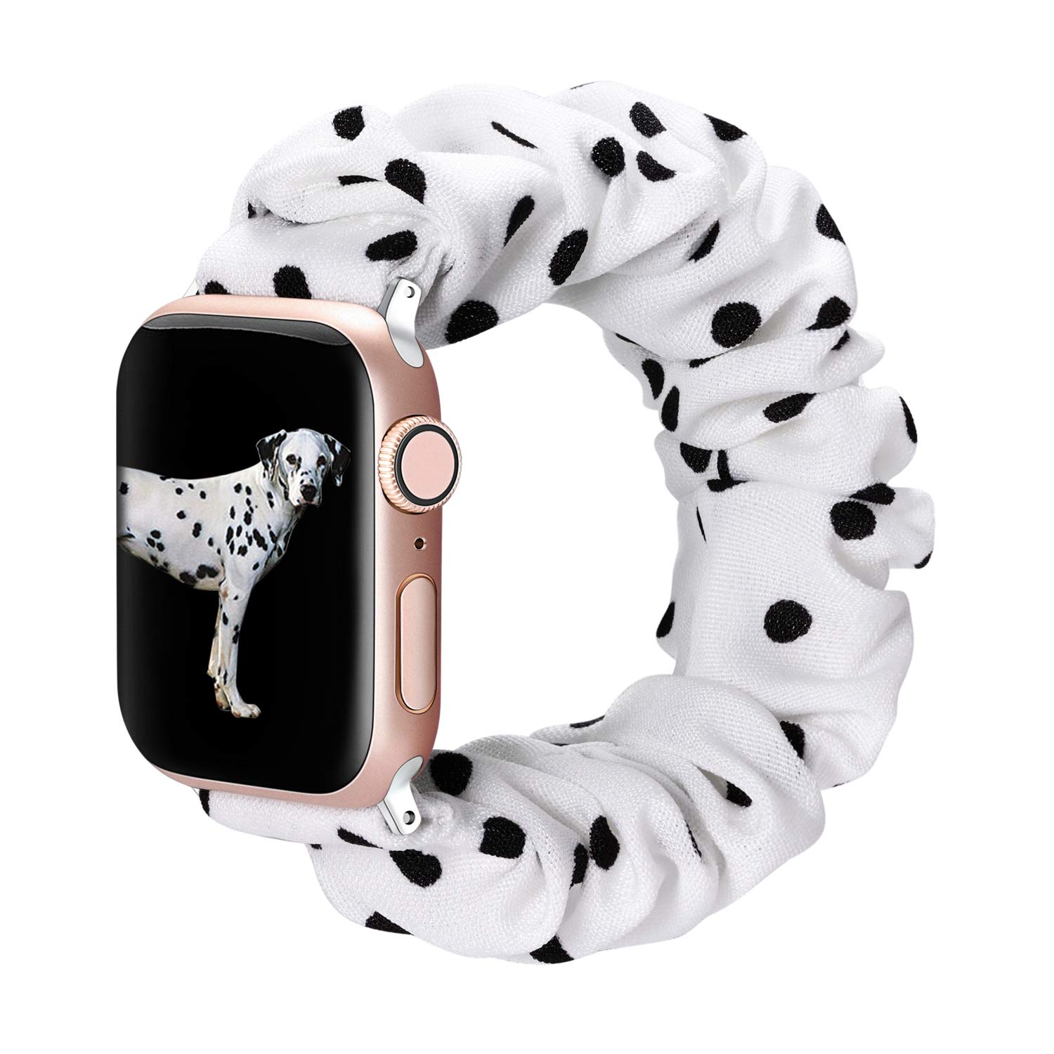 Photo 1 of BMBMPT Scrunchie Elastic Watch Band Compatible with Apple Watch Band 38mm 40mm 42mm 44mm Cloth Soft Pattern Printed Fabric Wristband for iWatch Series 5,4,3,2,1 White-Dots 38mm/40mm Large size