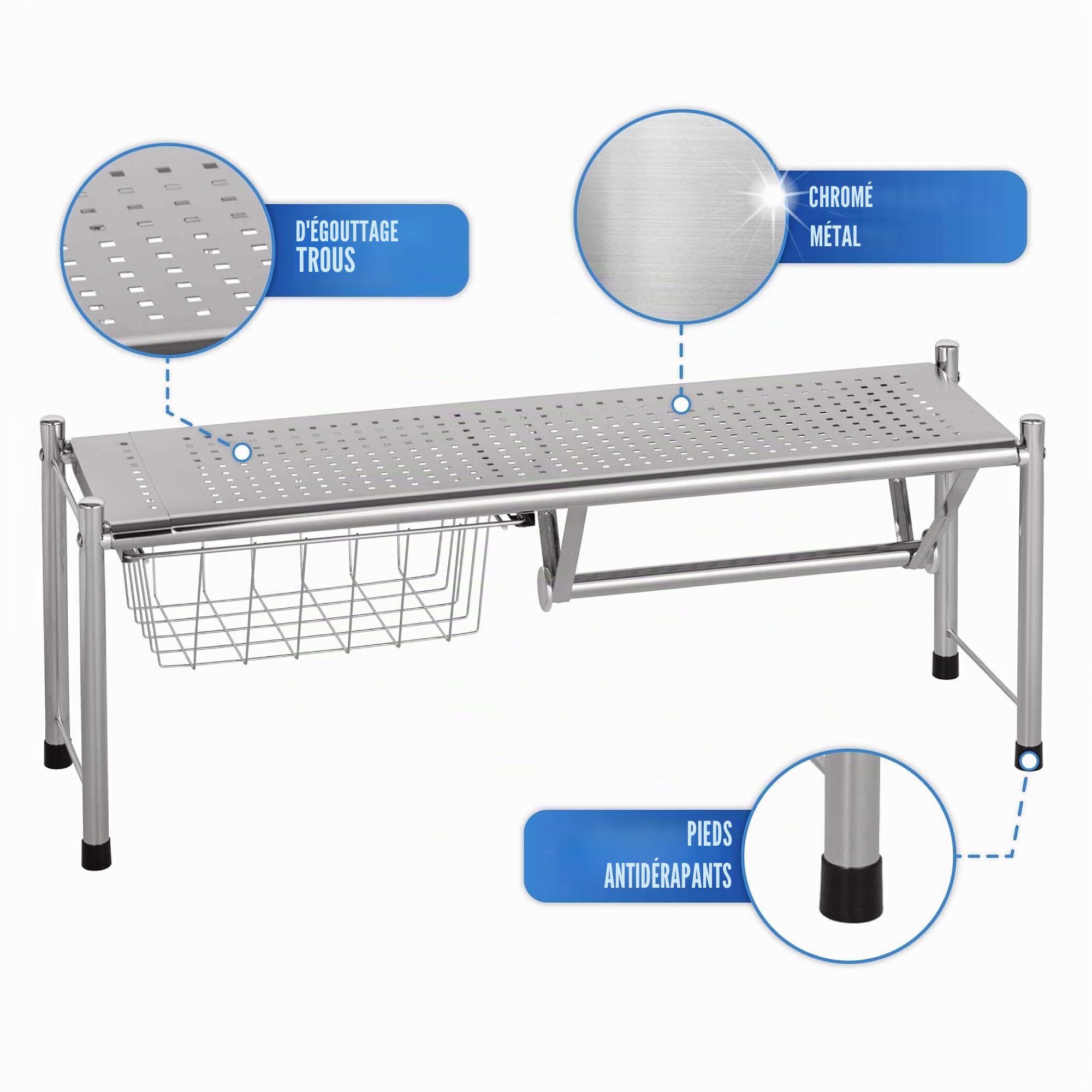 WENKO Maximex Etagère pour évier Expando, surface de rangement supplémentaire au-dessus de l'évier, extensible de 69 à 116 cm