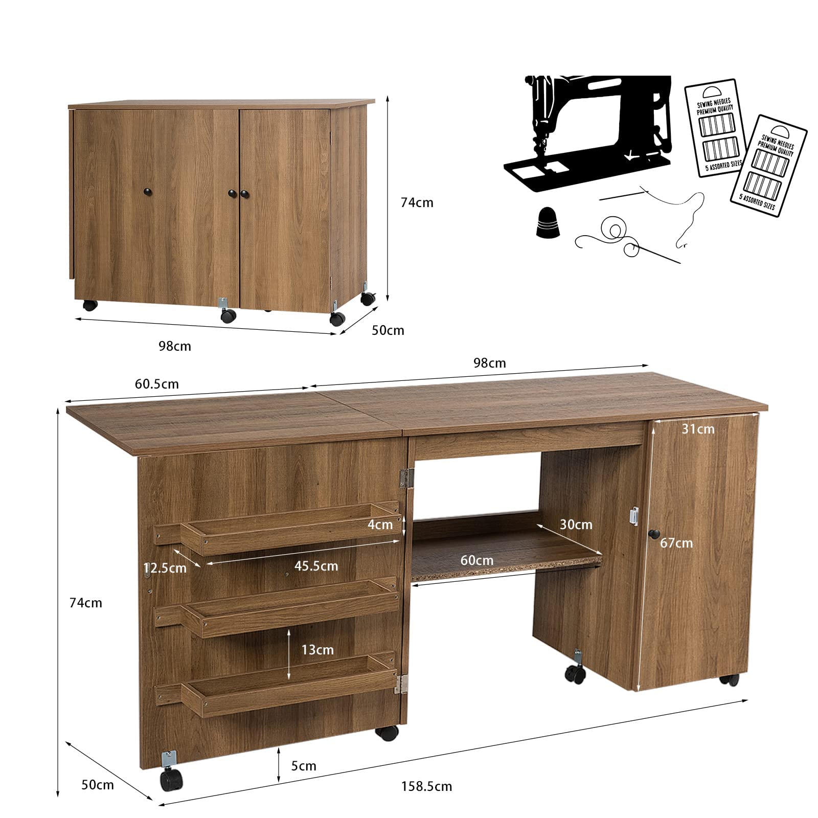 RELAX4LIFE Table de Machine à Coudre Pliable avec 4 Etagères et Armoire Latérale, Armoire à Machine à Coudre avec 6 roulettes et Freins, 158x50x74CM, Blanc/Naturel/Brun (L, Brun)