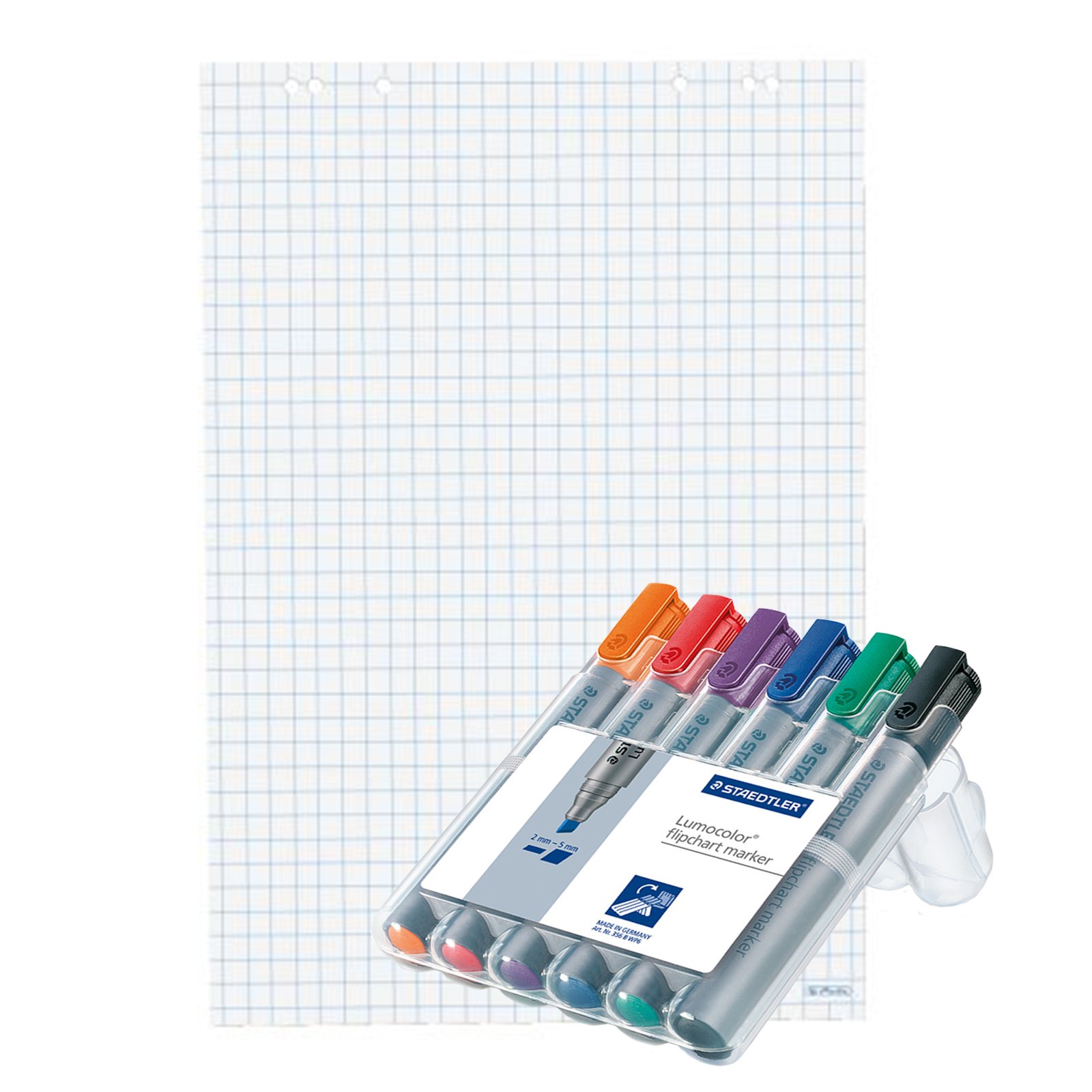 Herlitz Flipchartblock, 68x99cm (kariert/gelocht), 15 Blöcke + 3 Flipchartmarker Sets mit Keilspitze á 6 Stk.