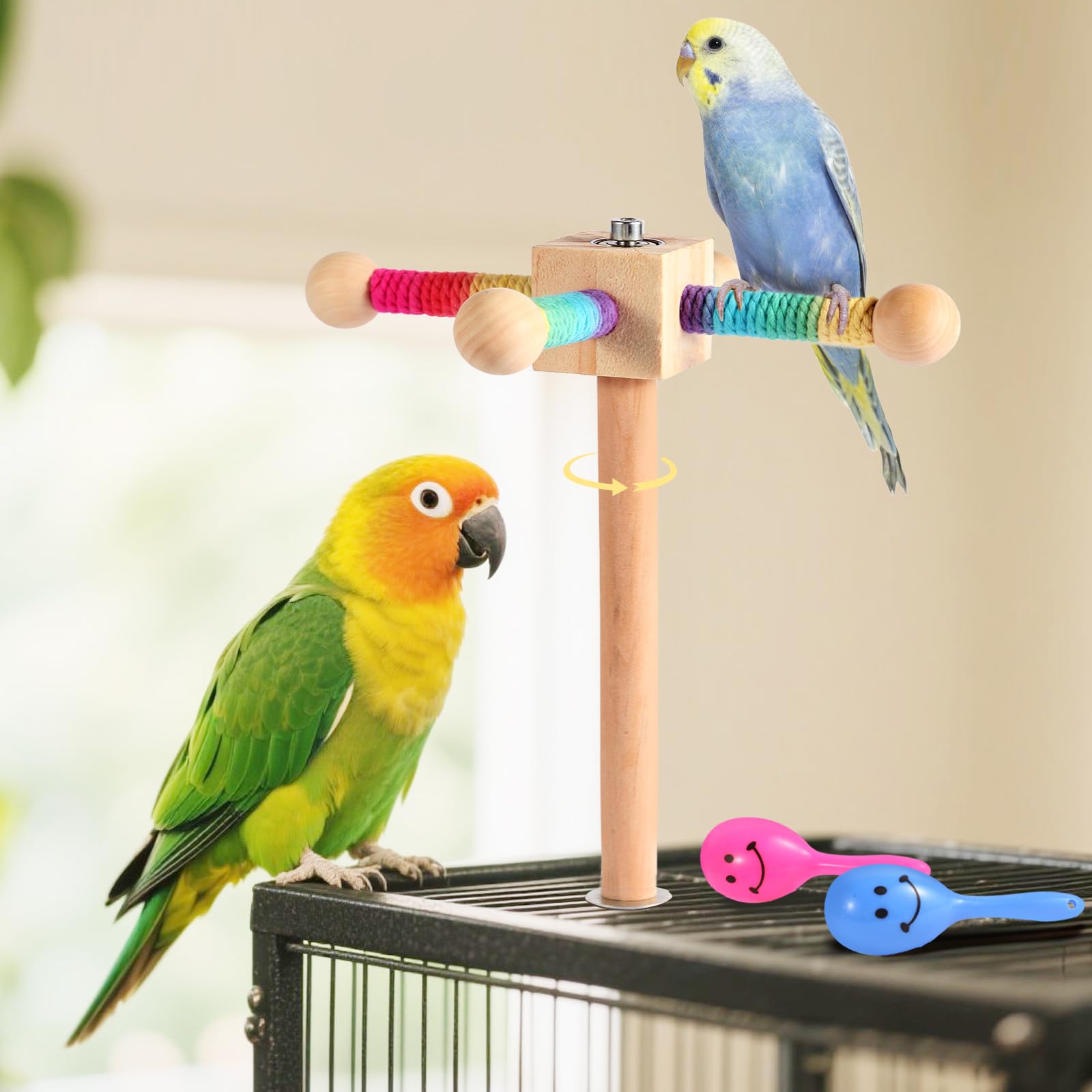Kyouki Zabawka dla małych i średnich papug, zabawka dla małych i średnich papug, stojak spinningowy 360° dla Conures, Cockatiels, gołąbków, kwakrów, kolorowa zabawka spinningowa z liny sizalowej