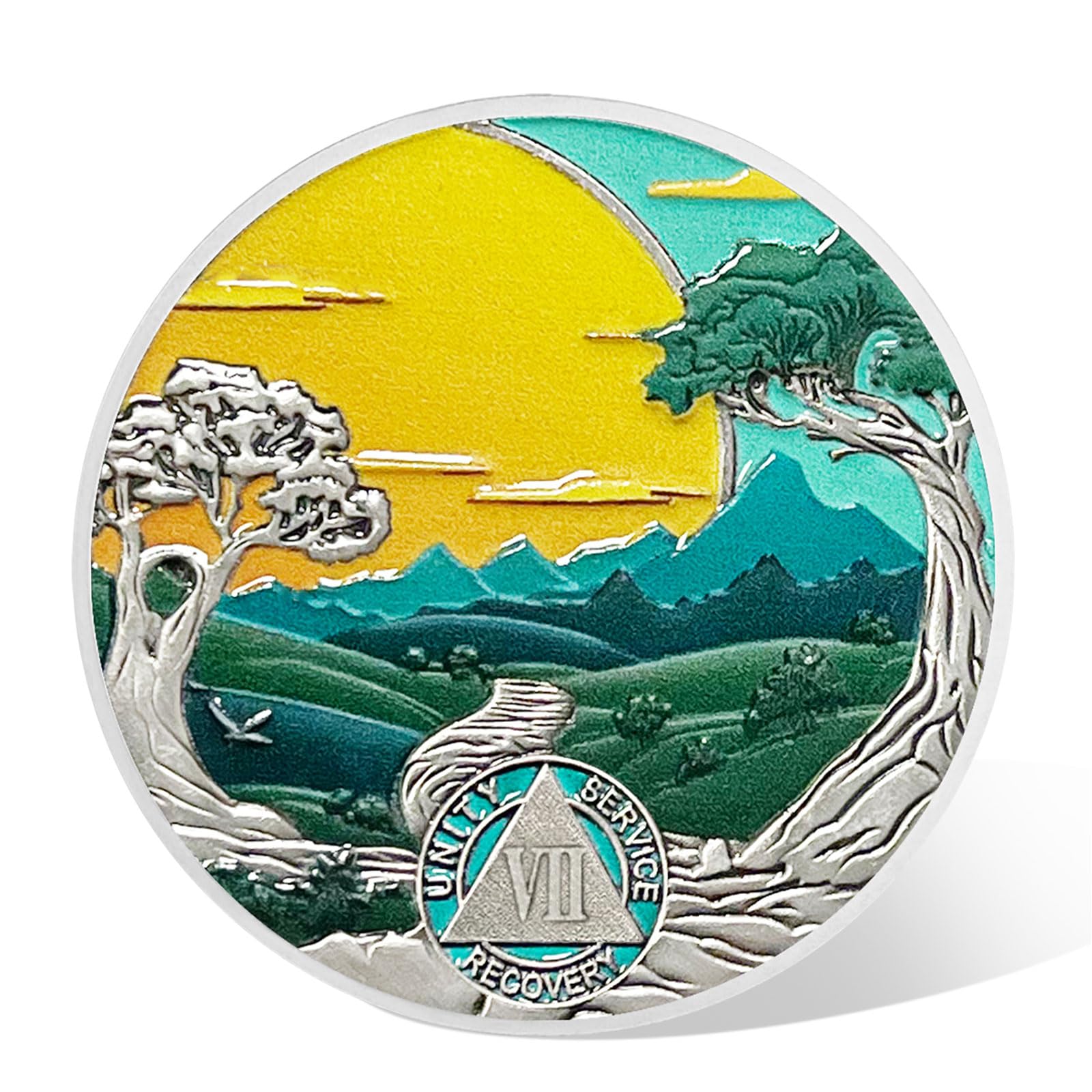 7 Years Sobriety Coin Sun Chips Alcoholics Anonymous Medallion AA Chips and Medallion Sobriety Gifts for Men Women Anniversary Token Recovery Gift Forest Tree Coin - Image 2