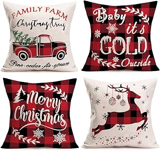 Gulidi Christmas Decorations Pillow Covers Farmhouse Decor Family Farm Christmas Trees Truck Buffalo Plaids Quote Cushion ...
