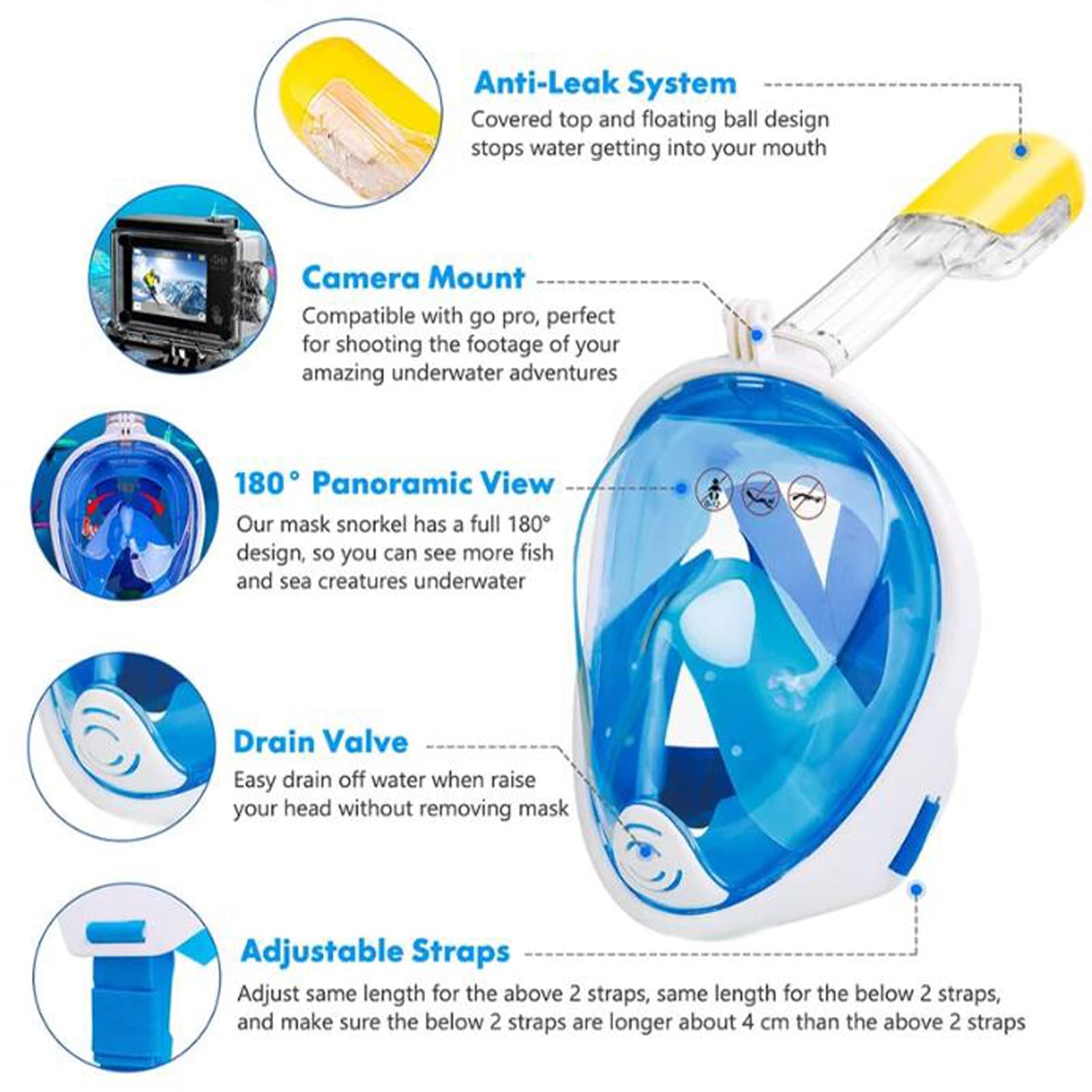 Maschera da snorkeling, anti-nebbia, anti-perdite con vista a 180°, maschera da snorkeling per adulti e bambini