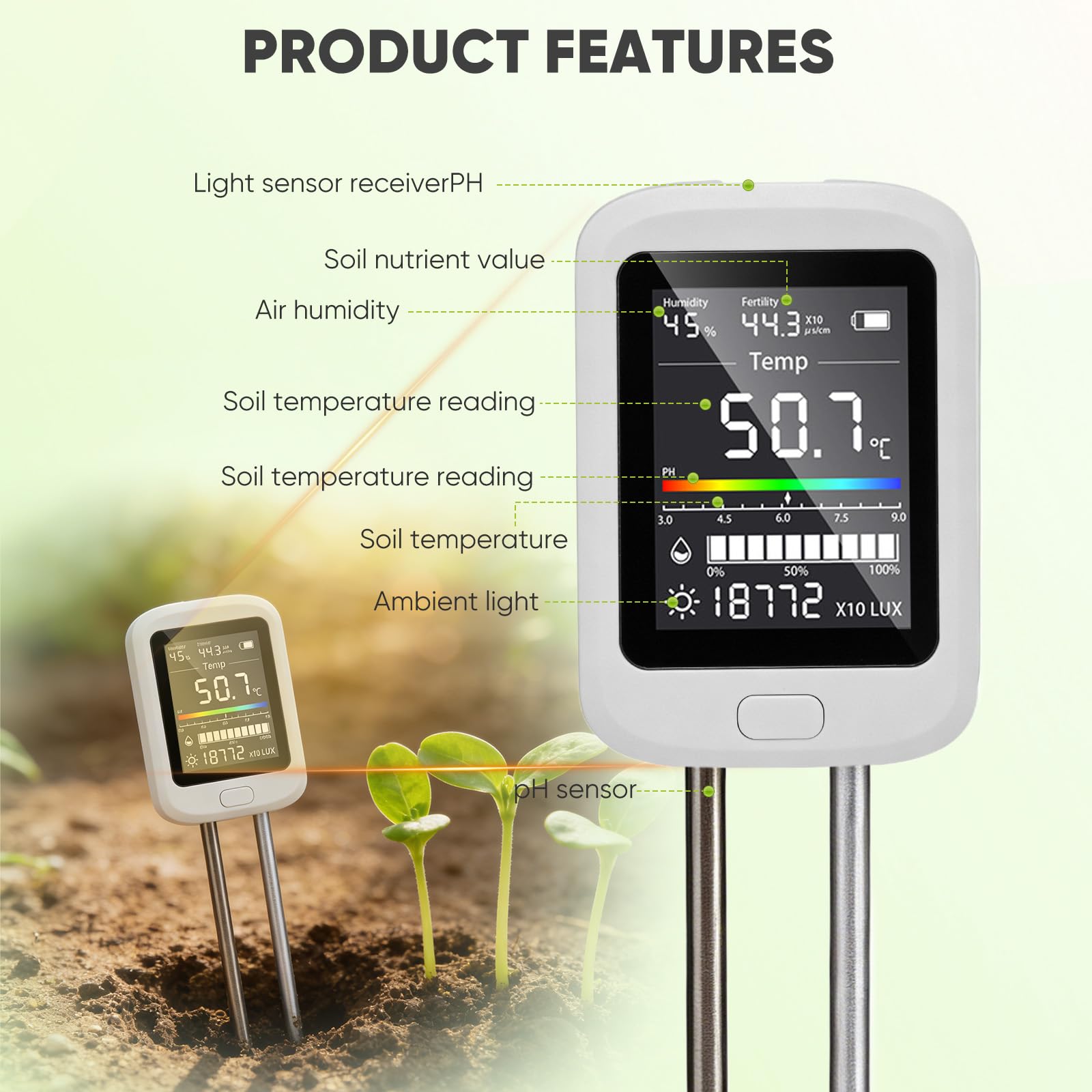 6-en-1 mesureur de sol avec Type-C, mesureur d’humidité pour plantes, capteur d’humidité du sol, mesureur de pH du sol, hygromètre pour plantes et testeur de sol pour pelouse, jardin et plantes en pot