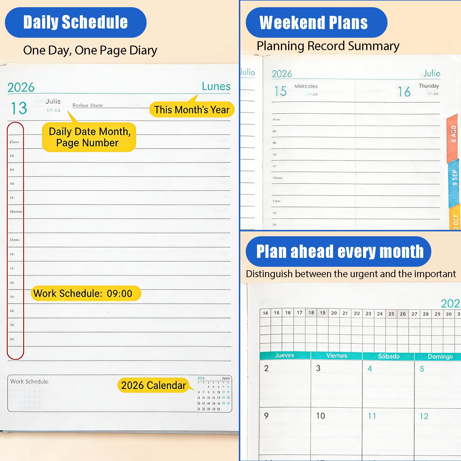 Rayakt 2026 Diary A5 Page A Day, Full Year Daily Planner 2026 with Tie, Hardcover Academic Diary 2026 with Monthly Overview, Month Calendar, Colorful Tabs, for Productivity & Organization (Black) - Image 3