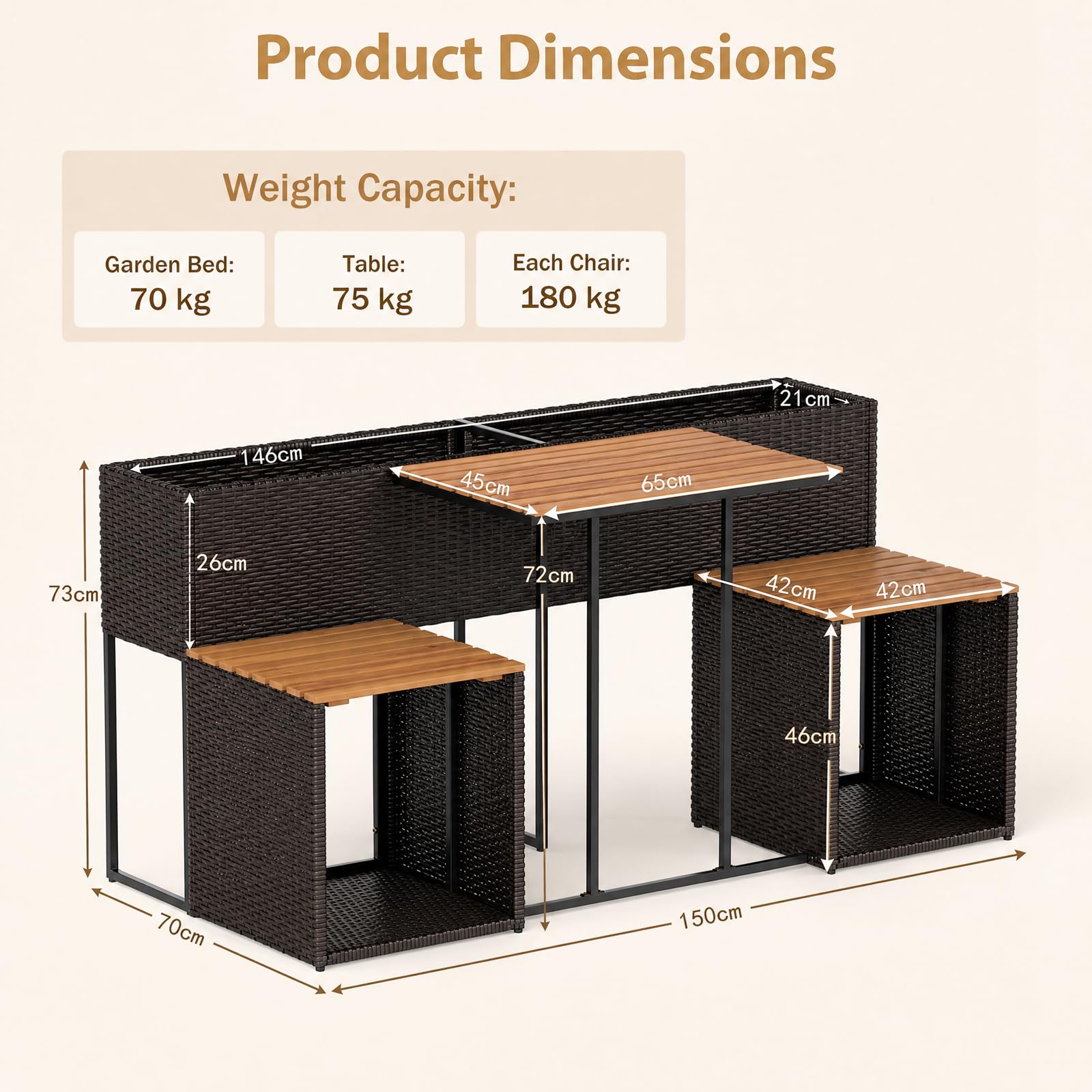 GIANTEX Juego de Muebles de Exterior con Jardinera Elevada, para 2 Personas (Marrón)