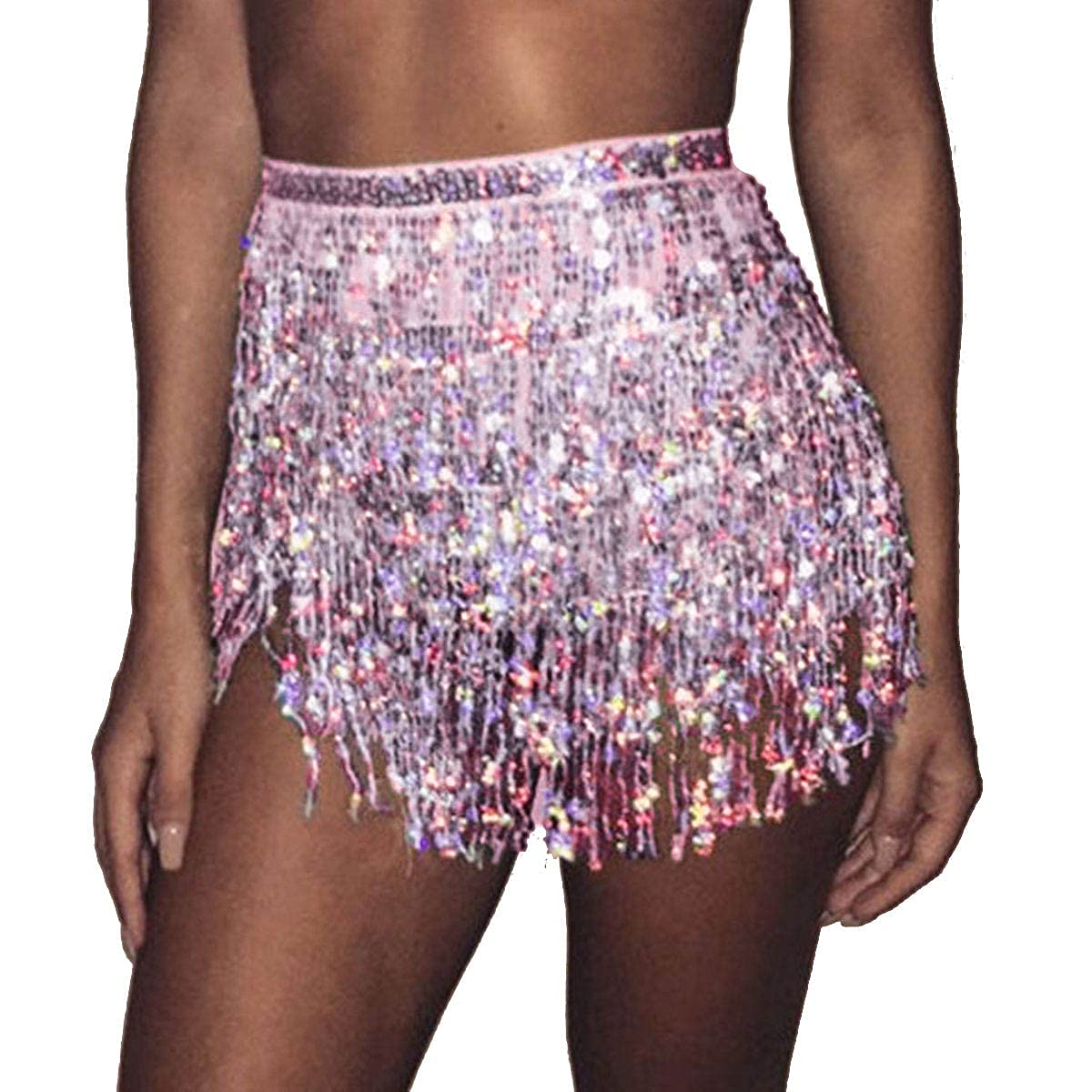 Carufin Women's Belly Dance Skirt Hip Belt Sequin Tassel Skirt Hip Wrap Scarf Rave Music Festival Costume (Pink)