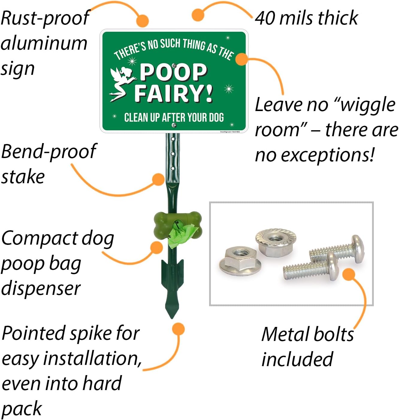 SmartSign There's No Poop Fairy Clean Up After Your Dog Yard Sign & Clip-On Dispenser Combo/Kit, 7"x10" Aluminum Sign with 18-inch Steel Stake, Compact Dispenser Preloaded with a 15 Poop Bags Roll