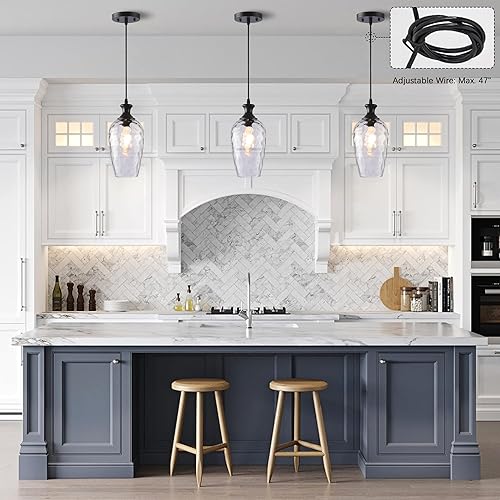 Miniatura 6 de Luces colgantes de cristal para isla de cocina, 1 luz negra con vidrio transparente soplado a mano, lámpara colgante de granja para fregadero de