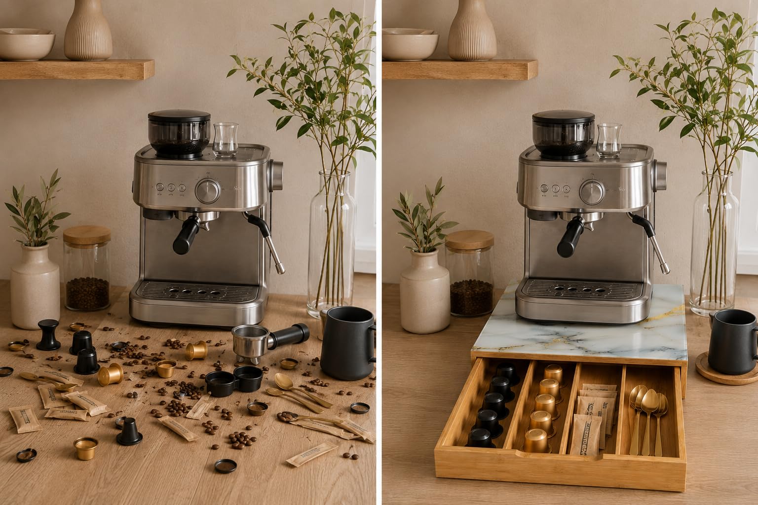Cassetto Portacapsule in Bamboo con Piano in Vetro Effetto Marmo – Organizer Capsule Caffè 4 Scomparti, Porta Capsule e Cialde, Salvaspazio per Cucina e Coffee Station