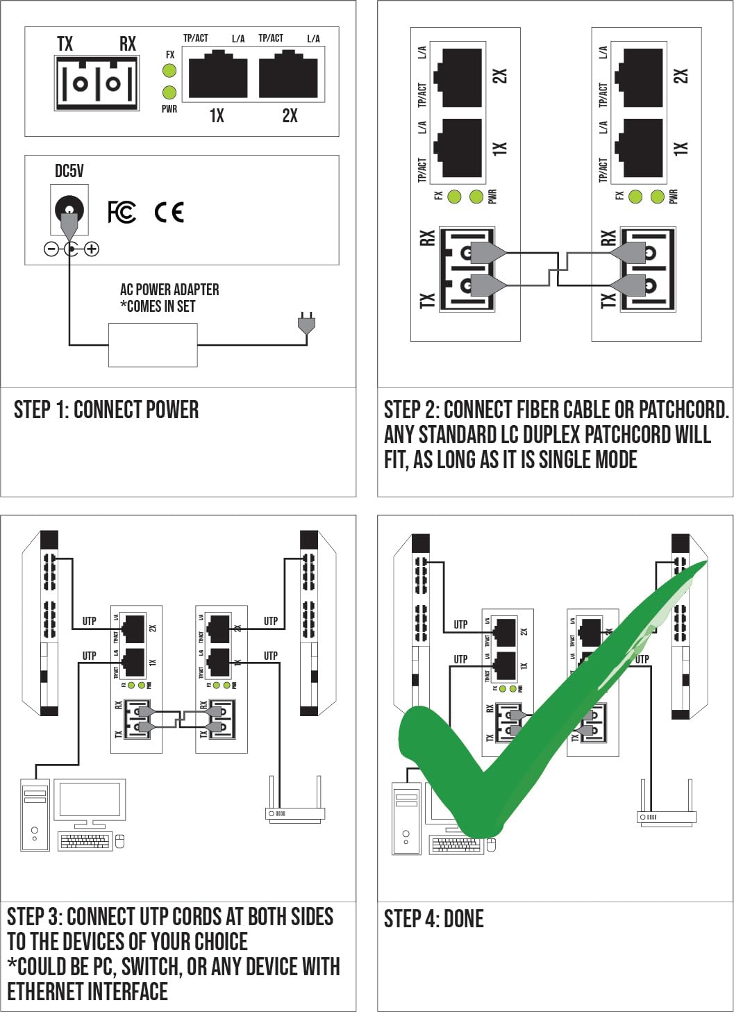 Deux ports RJ45 – Paire de convertisseurs de média en fibre, Gigabit Ethernet, SM LC 1310 nm SFP inclus – Fibre monomode 10/100/1000Base-Tx vers 1000Base-LX, jusqu'à 20 km