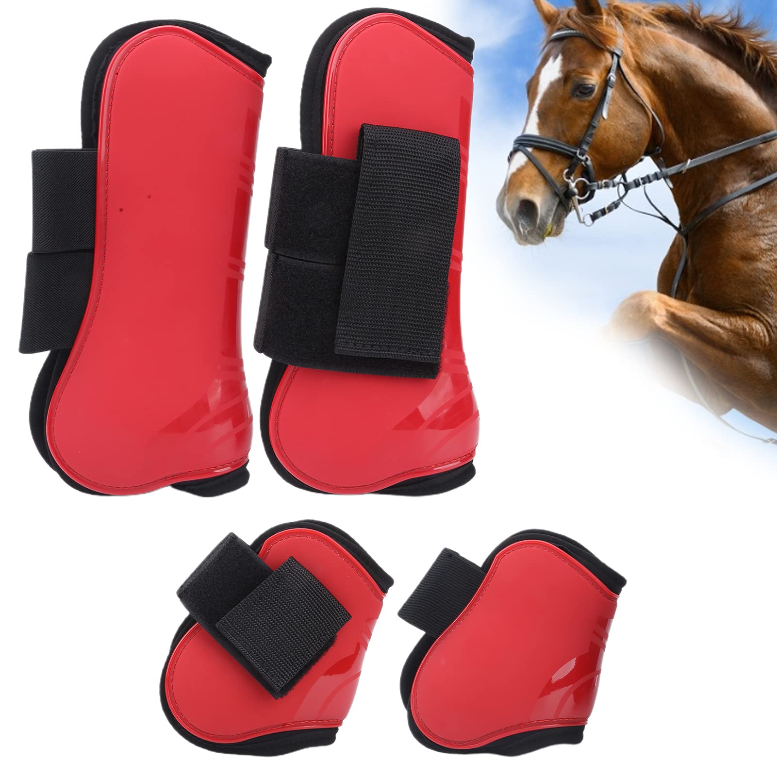 Paratendine per Cavallo Addensato Guscio in PU Protezioni per Gambe Durevoli per Equitazione 2 X Rossi Anteriori 2 X Posteriori
