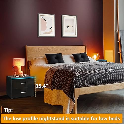 Miniatura 6 de HOMMPA Mesita de noche pequeña con 2 cajones, mesita de noche LED negra, mesita de noche moderna con luz LED para dormitorio de niños, mesa de noche