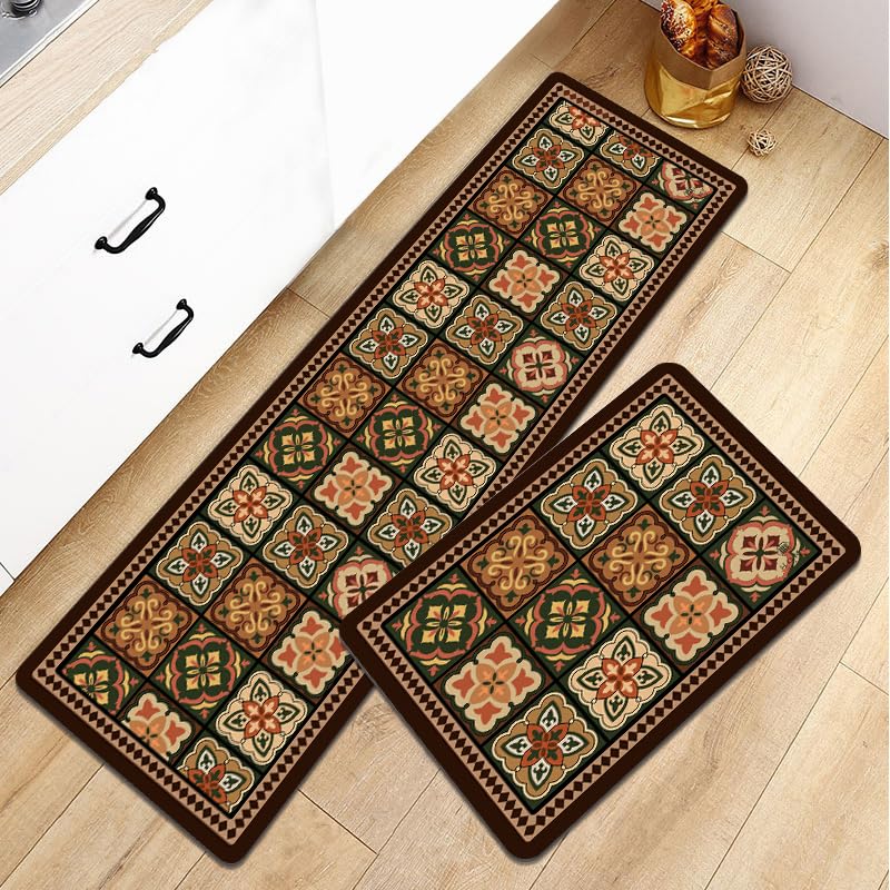 Image of HomeCloud Rubber Kitchen Mats for Floor Set of 2 Pcs|Non-Skid, Soft Absorbent Rugs for Kitchen, Laundry, and Hallway|120x40cm, 40x60cm| 4mm Thickness (Brown Olive Multi)