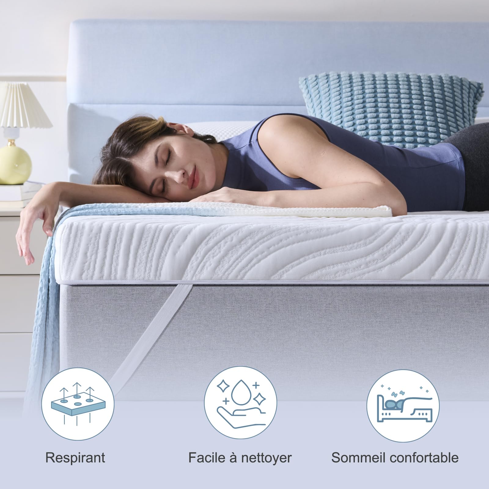 Hiimgo Surmatelas 160 x 200 x 7.5CM, Épaisseur 7.5CM, Surmatelas Memoire de Forme Gel,Absorbant et Respirant,avec Design Antidérapant，Housse de Matelas Amovible et Lavable.