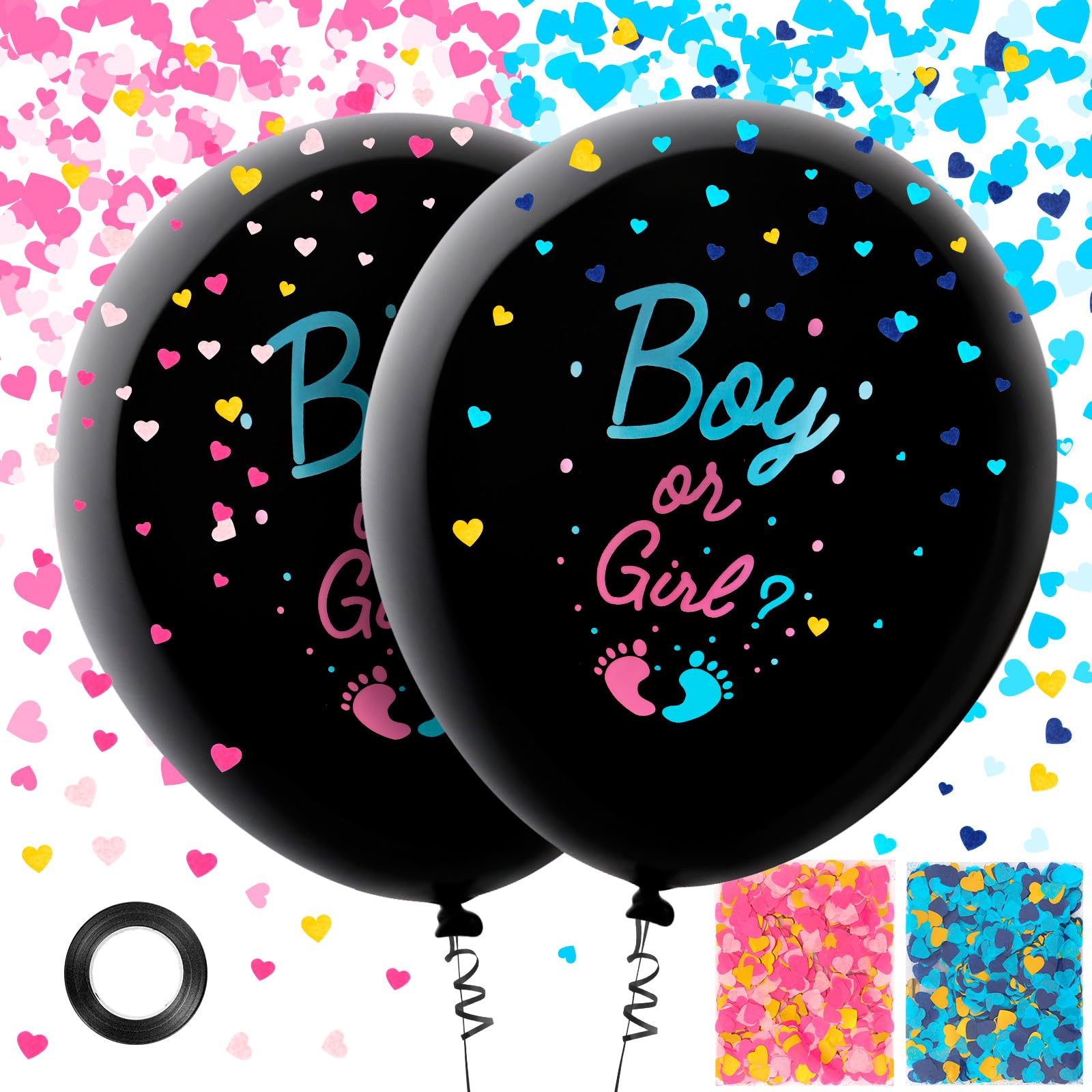 YOTHORN 2 Pcs Black Gender Reveal Balloons, 36 Inch Giant Boy or Girl Balloon with Pink and Blue Heart Shape Confetti for ...