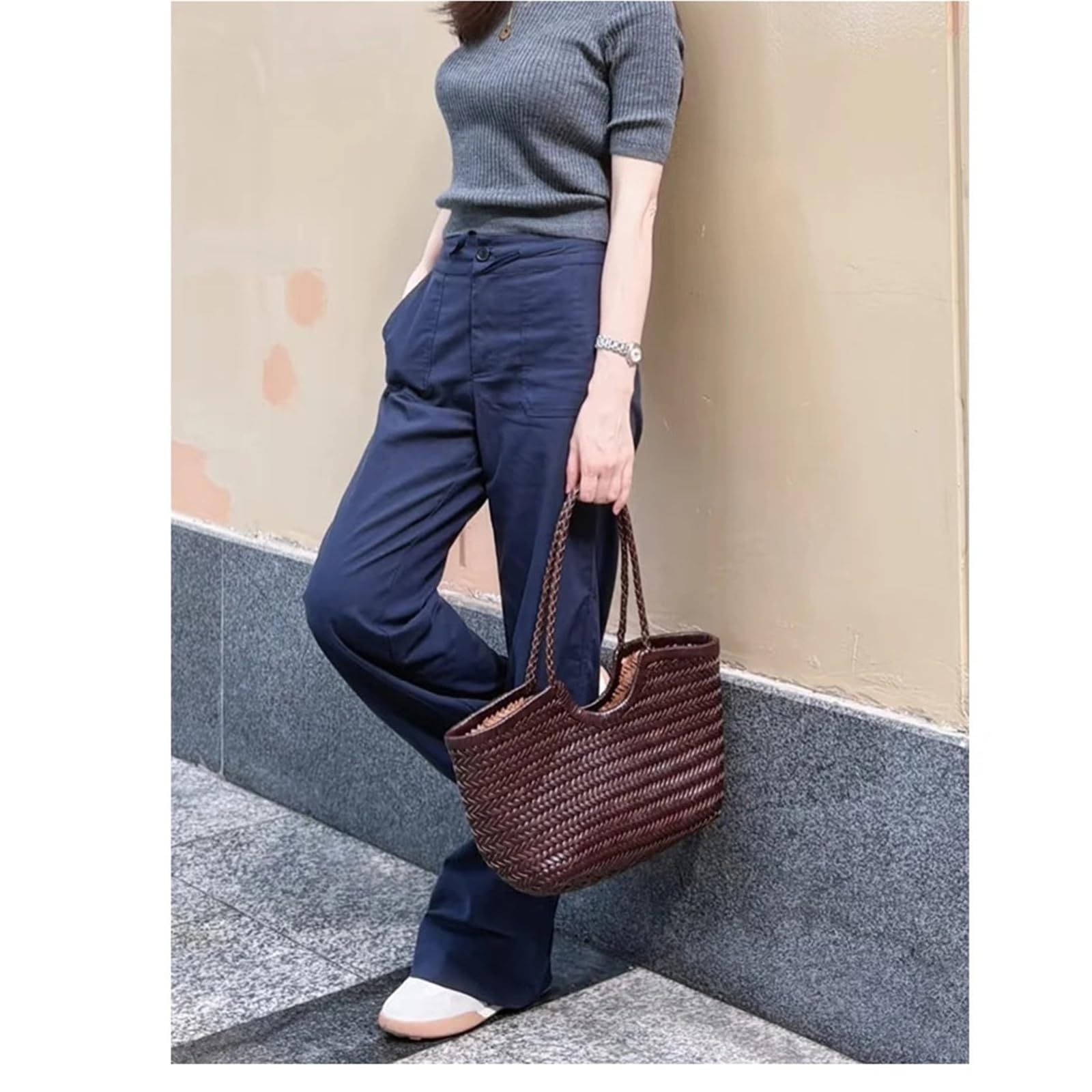Geflochtene Tasche Leder Leder Handgewebte Einkaufstasche Damen Shopping Große Kapazität Schulter Design Gemüsekorb Einkaufen