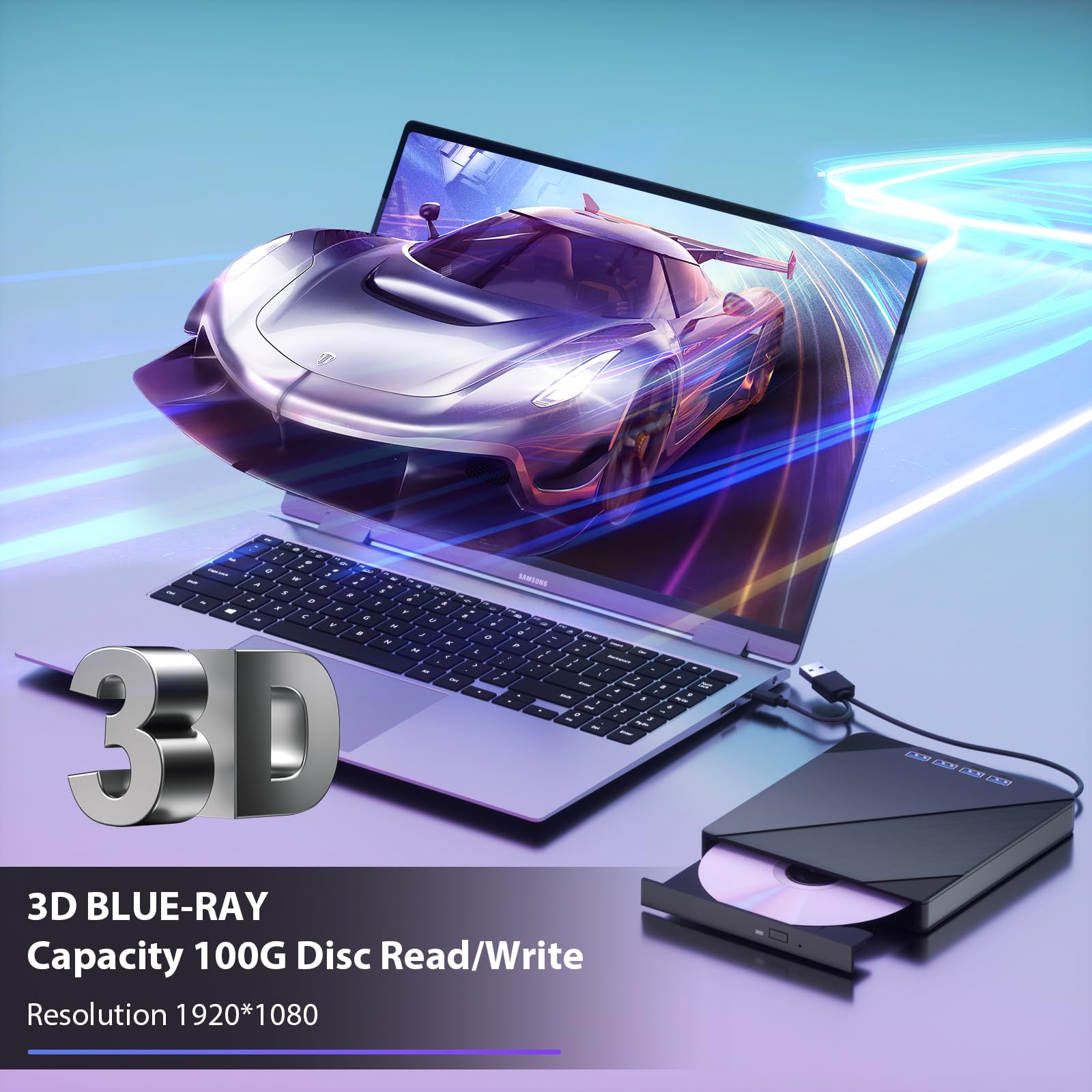 Unidad Blu ray externa, 7 en 1, compatible con disco R/W de 100 G, USB 3.0 tipo C, unidad Bluray BD, grabadora de DVD y CD con 4 puertos USB, ranura para tarjeta SD/TF compatible con Windows