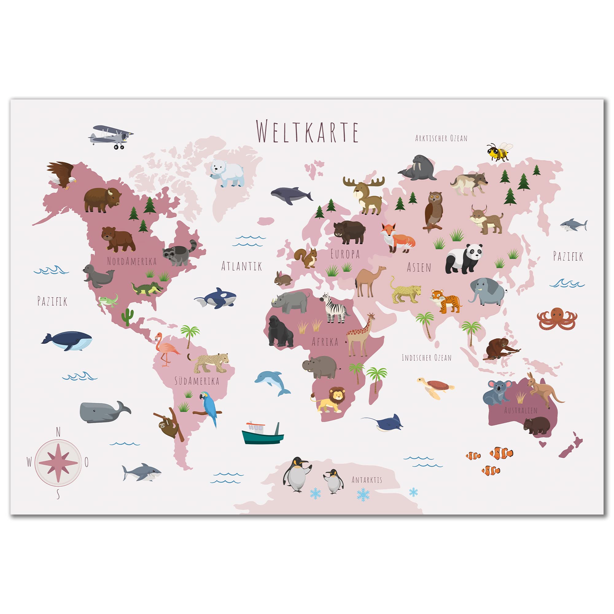 Kinderzimmer Weltkarte Poster mit mehr als 50 Tieren I Bunte Tierweltkarte Wanddeko für Jungen und Mädchen I Hochwertiger Druck (Rosa, 60x40cm)
