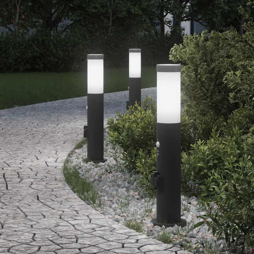 Set di 3 lampade a colonna con sensore e presa, 50 cm, in acciaio inox, IP44, per terrazza, giardino, con sensore di movimento e diffusore, moderna lampada a LED per soggiorno, camera da