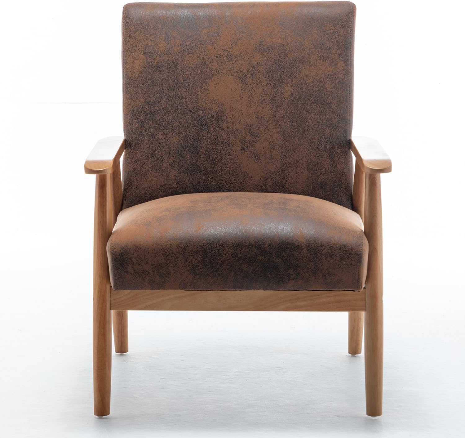 25.38'' Wide Classic Mid-Century Modern Arm Chair, Light Brown Elegant Leather-Look Microfiber Upholstery,Solid Wood Frame Lounge Chair Living Room Furniture