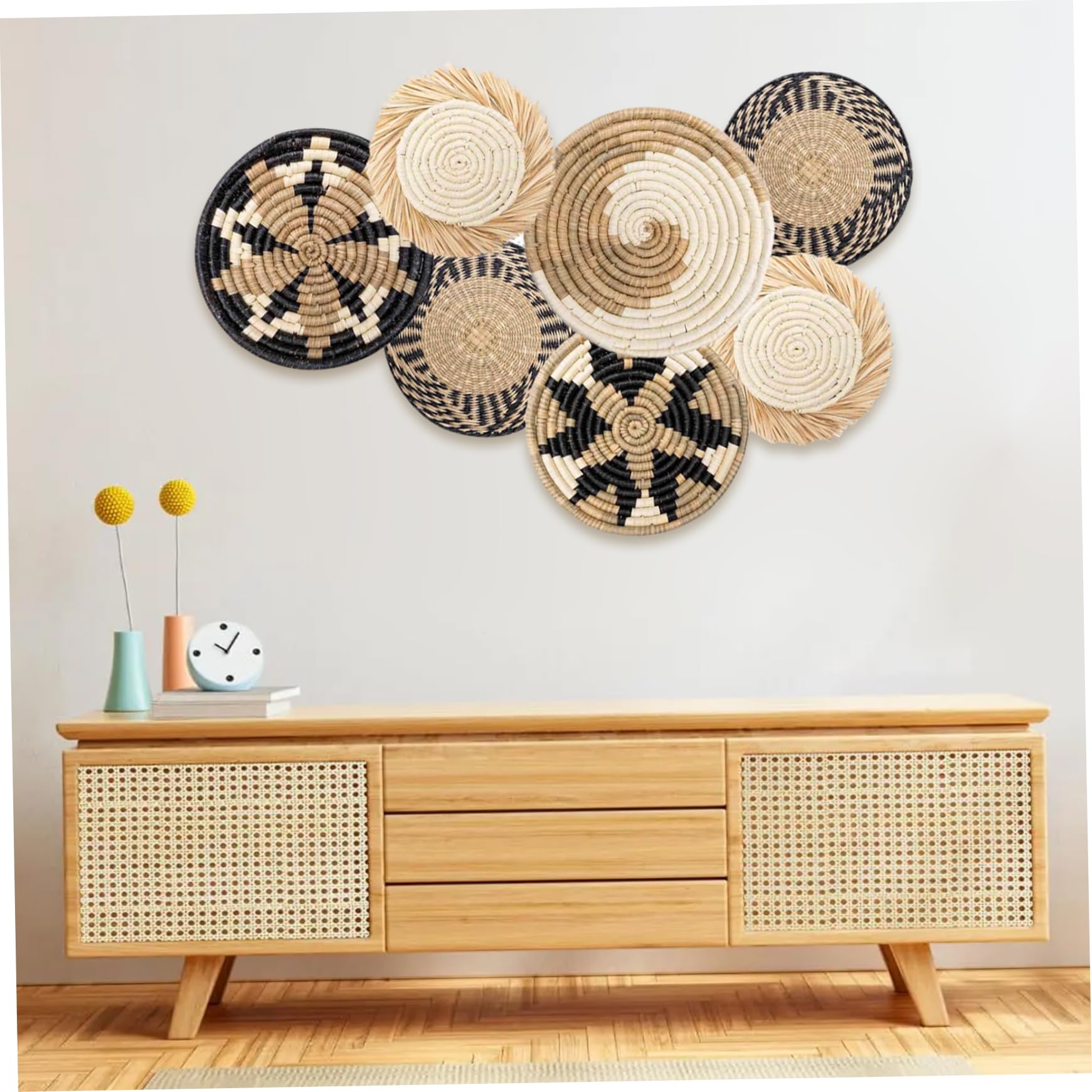 Decoración de Pared, decoración de Cesta de Pared, 7 Piezas de Mimbre Tejido Colgante, Granja rústica de 4 tamaños, Dormitorio para Comedor, Sala de Estar, Cesta