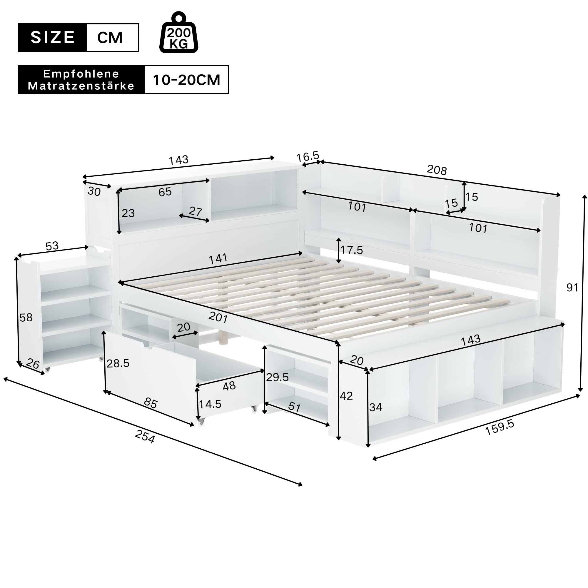 Lit Enfant 140x200 cm avec Rangement, Cadre de Lit Enfant Multifonctionnel avec Tiroirs, Bibliothèque Intégrée et Casier de Rangement, Structure en Métal avec Sommier à Lattes, Blanc