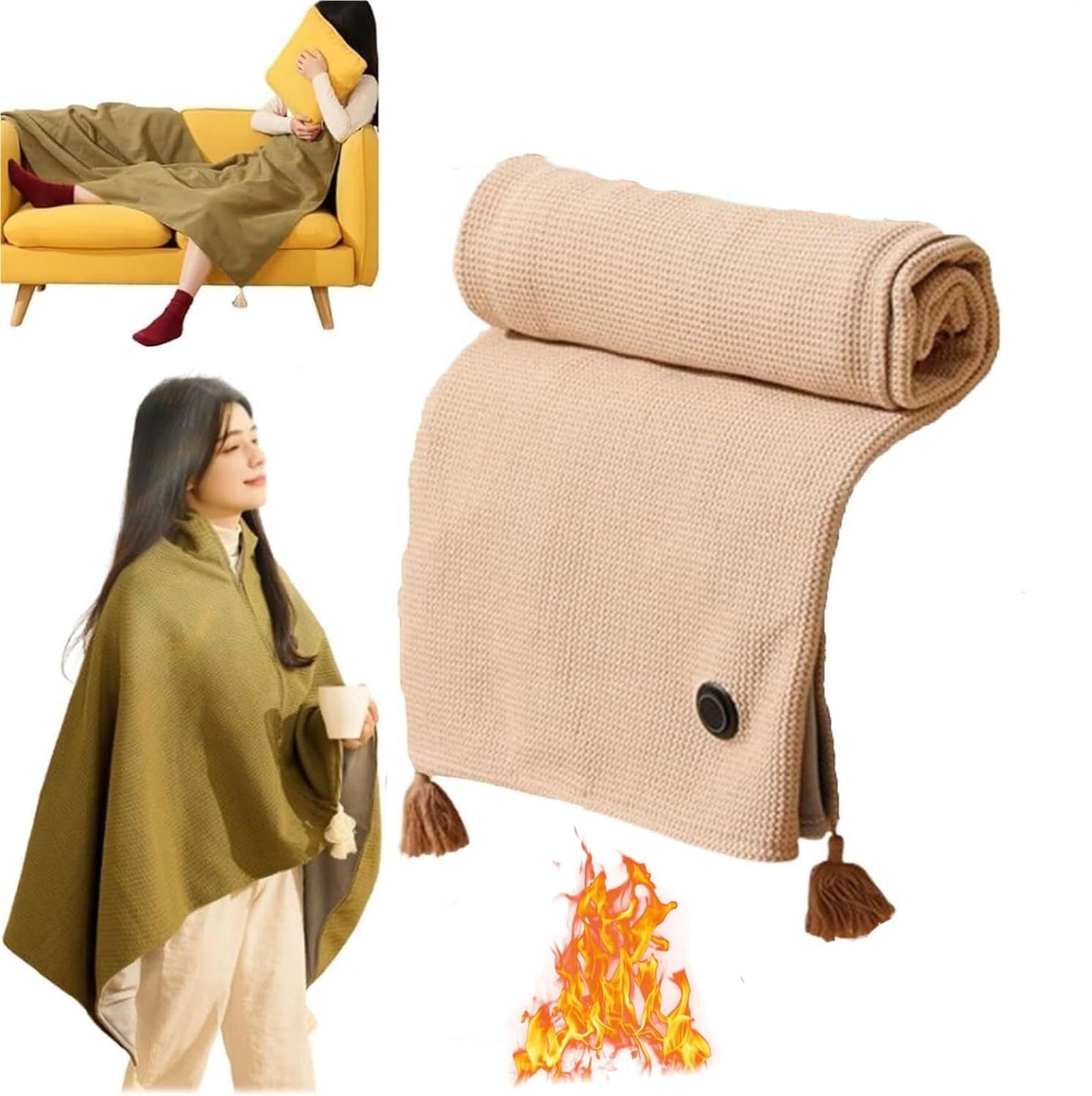 Chales calefactables para mujer: manta térmica portátil beige con 3 niveles de calor