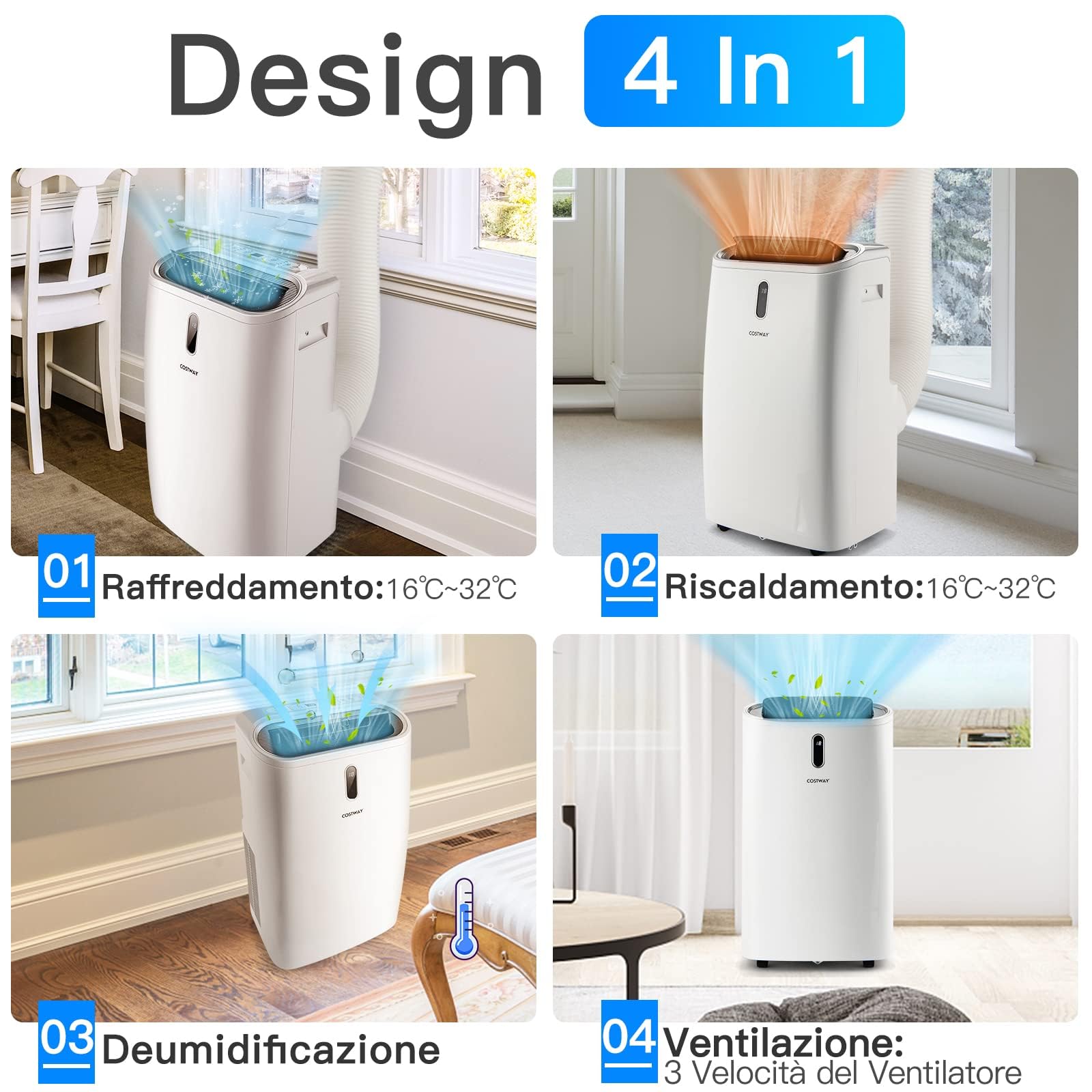 COSTWAY Condizionatore Portatile Caldo e Freddo, 14000BTU/4,1 kW, 5 in 1 Con Raffreddamento, Riscaldamento, Ventola, Deumidificazione e Modalità Notturna, 24H Timer, R290 (14000BTU|28m²+)