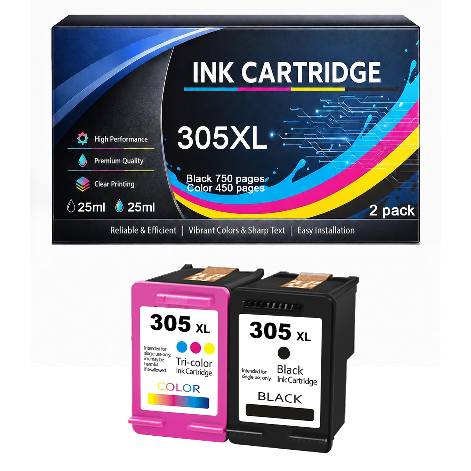 Cartucho de Tinta 305XL Negro y Color Compatible para HP 305XL Alto Rendimiento para DeskJet 2820e 2810e 2800e 2720e 4220e 2721e Plus 4100e 4210e 4220e Envy 6000e 6020 6400e Impresoras,Black/Color-2pa