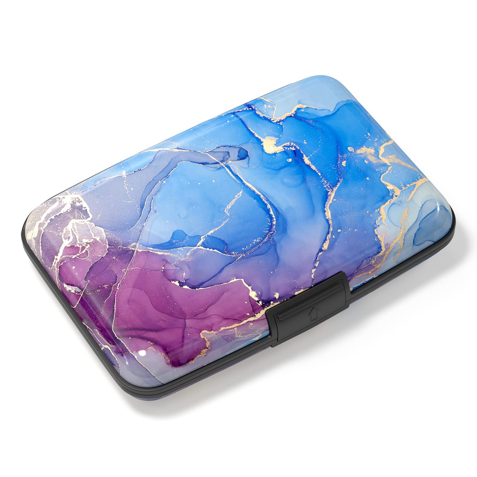Atufsuat Credit Card Holder, Mini Aluminum Card Wallet RFID Blocking Slim Metal Hard Card Case for Women Men, Blue Purple Marble